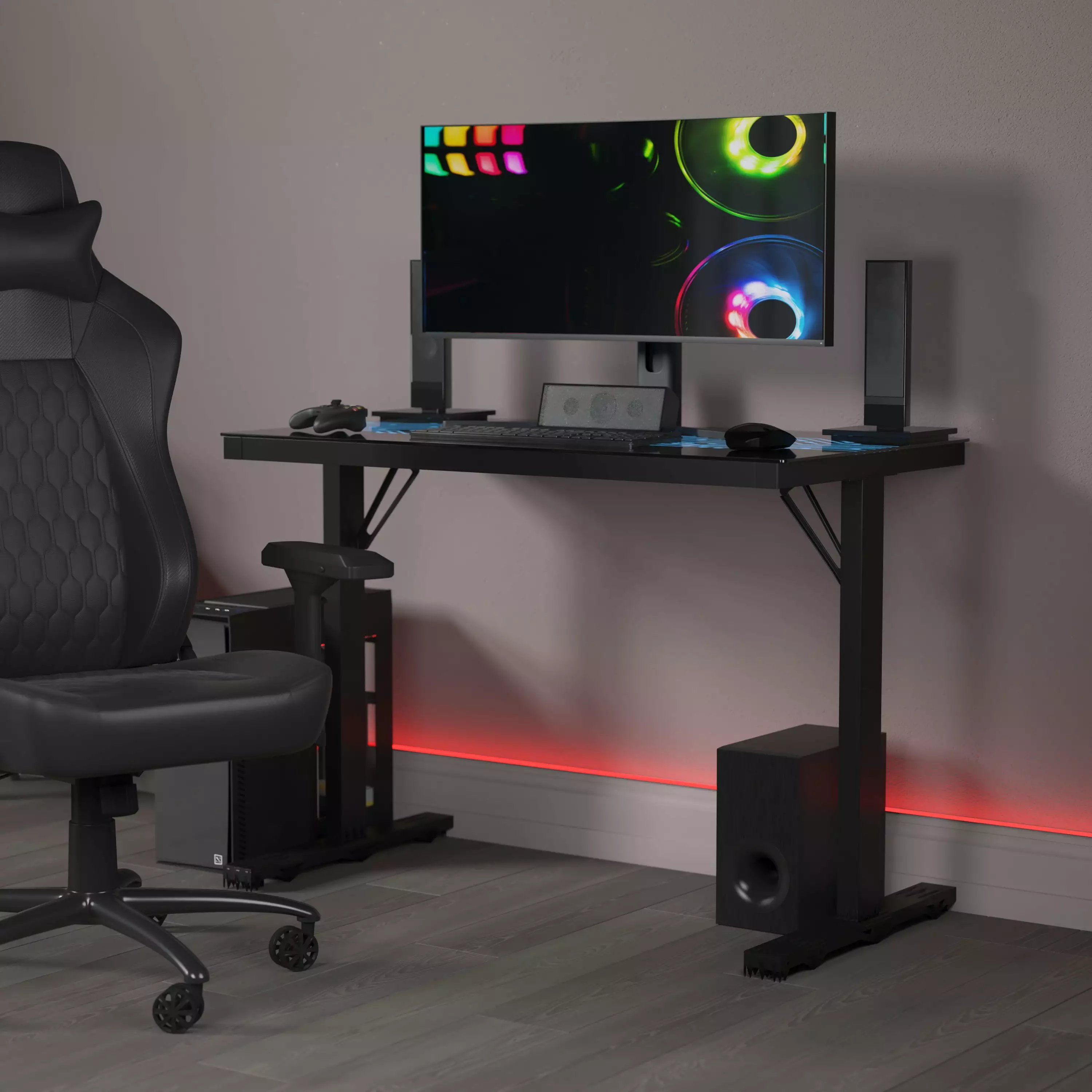 Emma + Oliver 43 Color Changing LED Gaming Desk Tempered Glass Top Steel Tube Frame and Wired Remote Control Flashing and ...