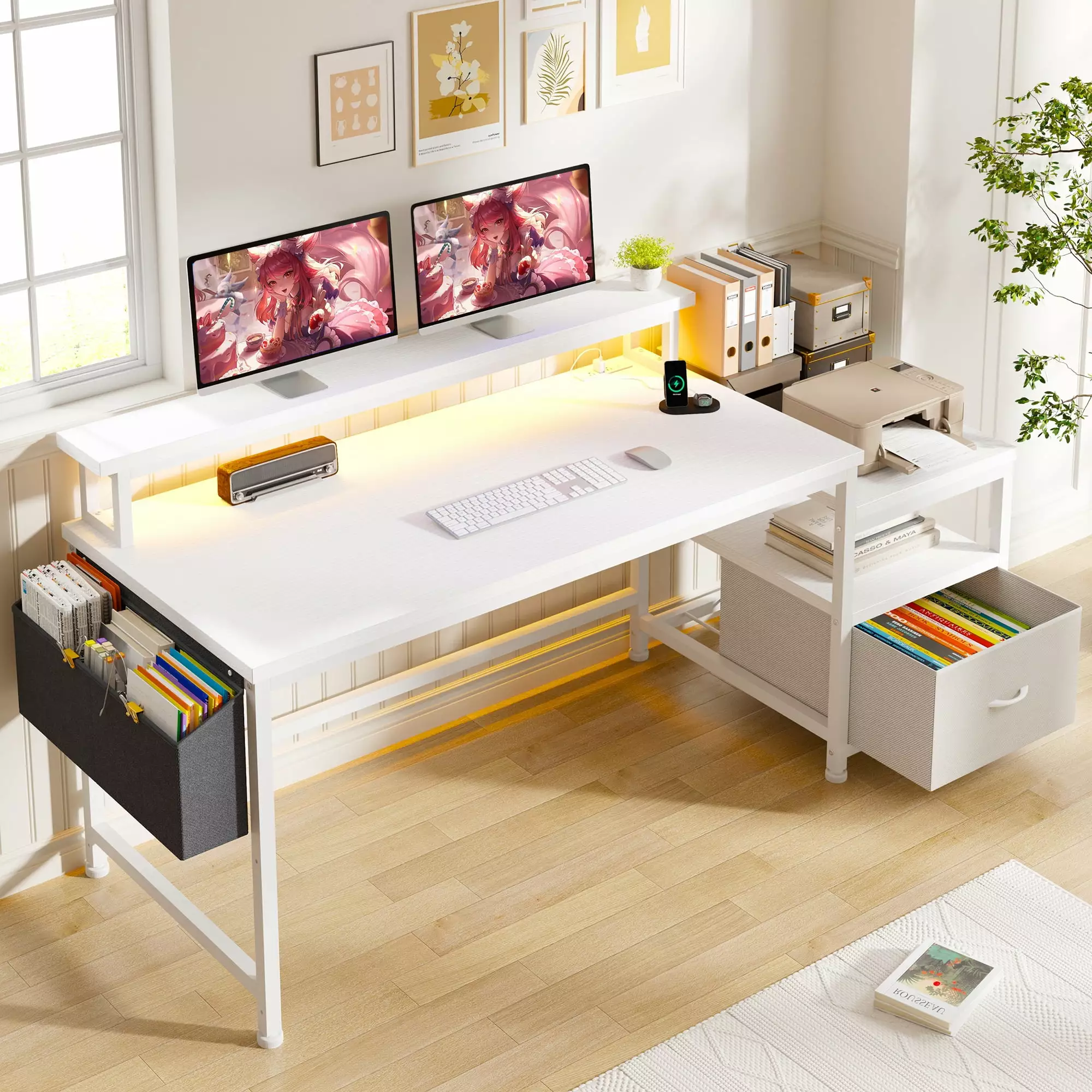 EnHomee White Gaming Desk Drawer Computer Desk Charge Station