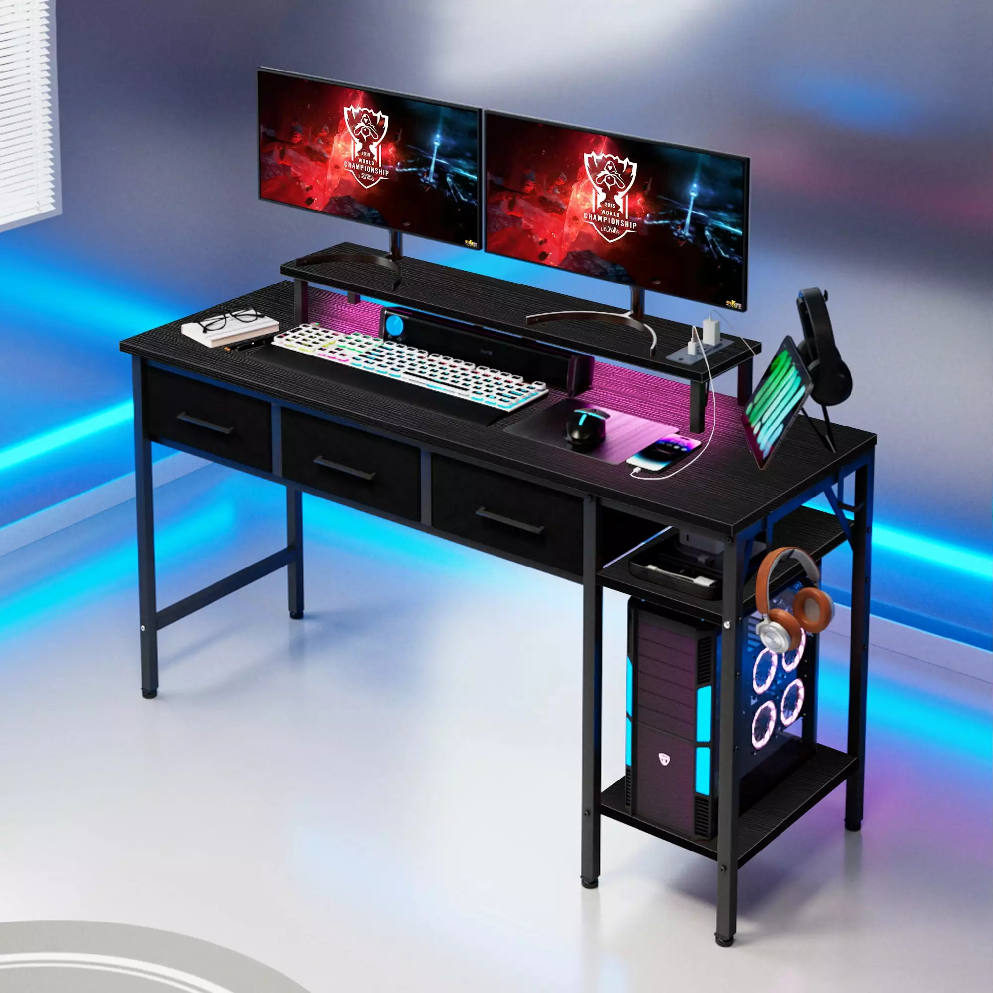 ERAMENT 55-inch Computer Desk 3 Drawers Gaming Desk LED Lights Power Outlets Black