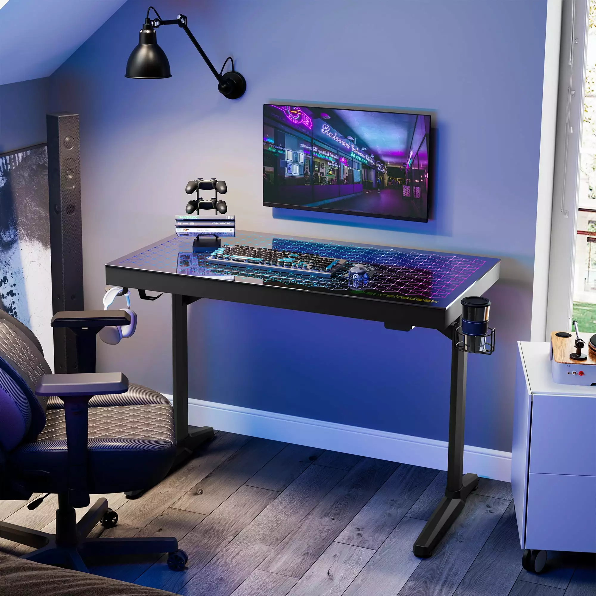 Eureka Ergonomic Glass Gaming Desk RGB LED Light 43 Music Sync Lights Up Tempered Glass Desktop Computer Desk App Control