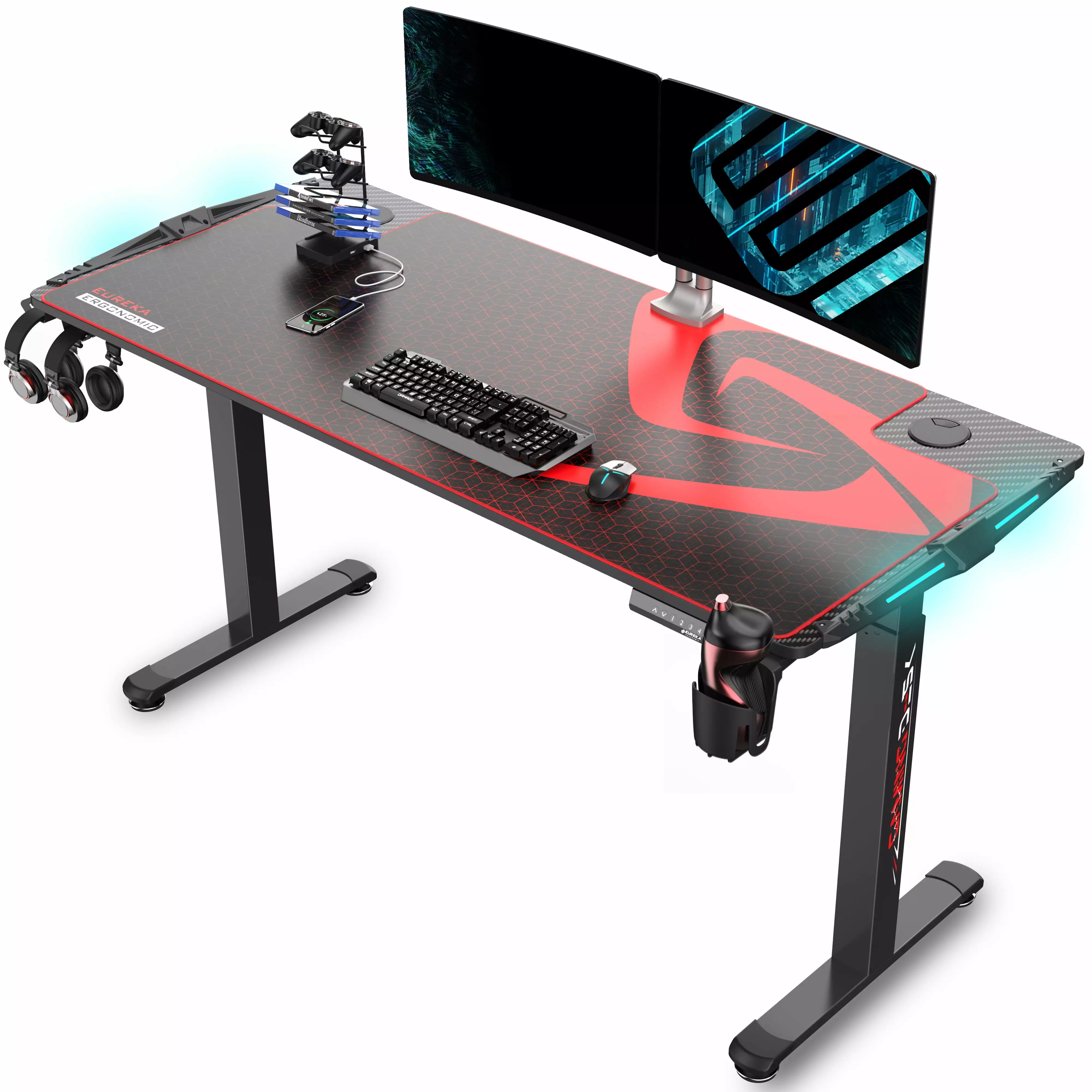 Eureka Ergonomic 65 Large Computer Gaming Desk Electric Height Adjustable Standing Desk RGB LED Light