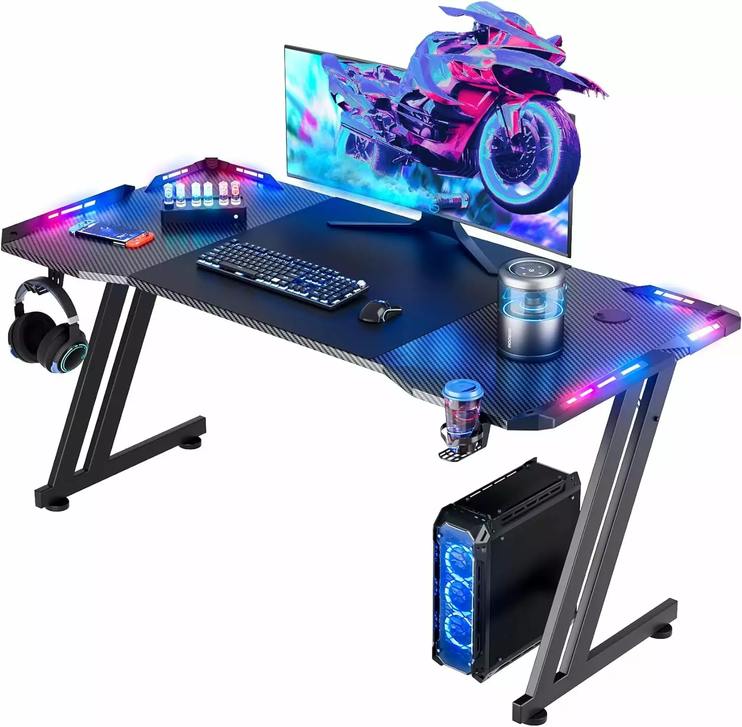 47 Inch Gaming Desk LED Lights Carbon Fibre Surface Z Shaped PC Workstation Cup Holder Headphone Hook FABIIA