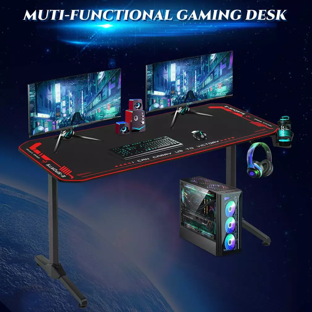55 Inches Computer Gaming Desk Headphone Hook Cup Holder and Full-Surface Mouse Pad FDW