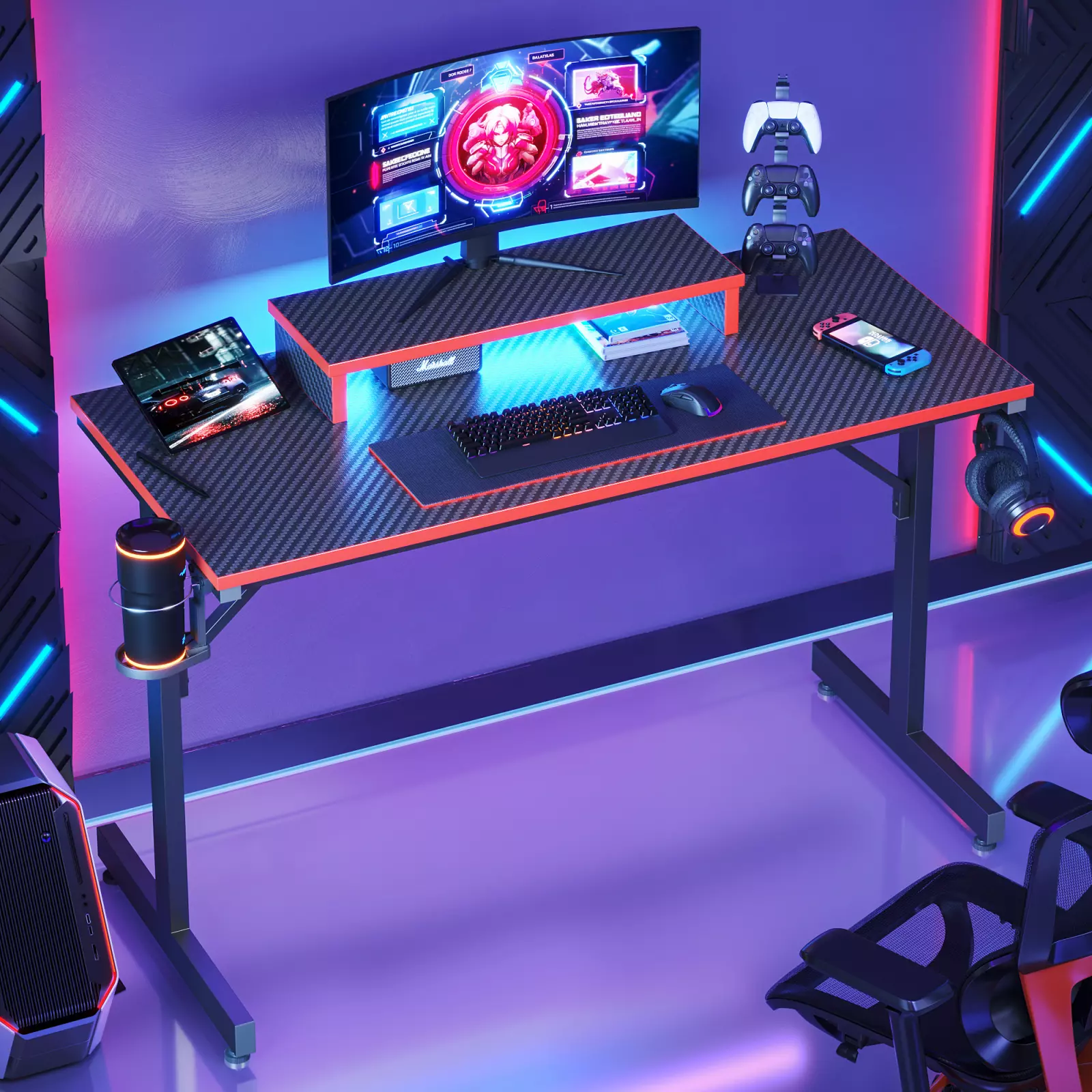 42 Inch Red Gaming Desk Advanced LED Lighting and Monitor Stand Office Ready FHWM2