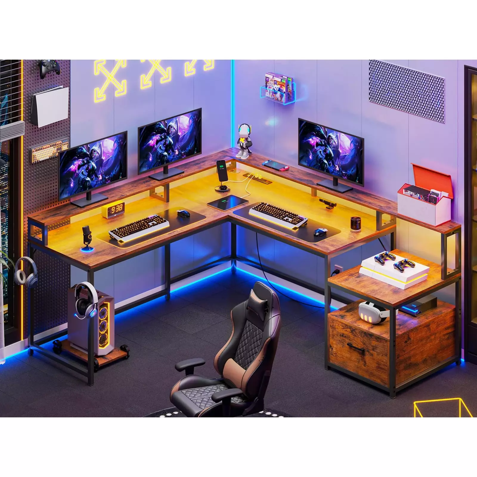 L Shaped Desk Hutch Rustic Brown 66 Computer Gaming Desk Storage Shelves File Drawer Power Outlet LED Light FHWM2