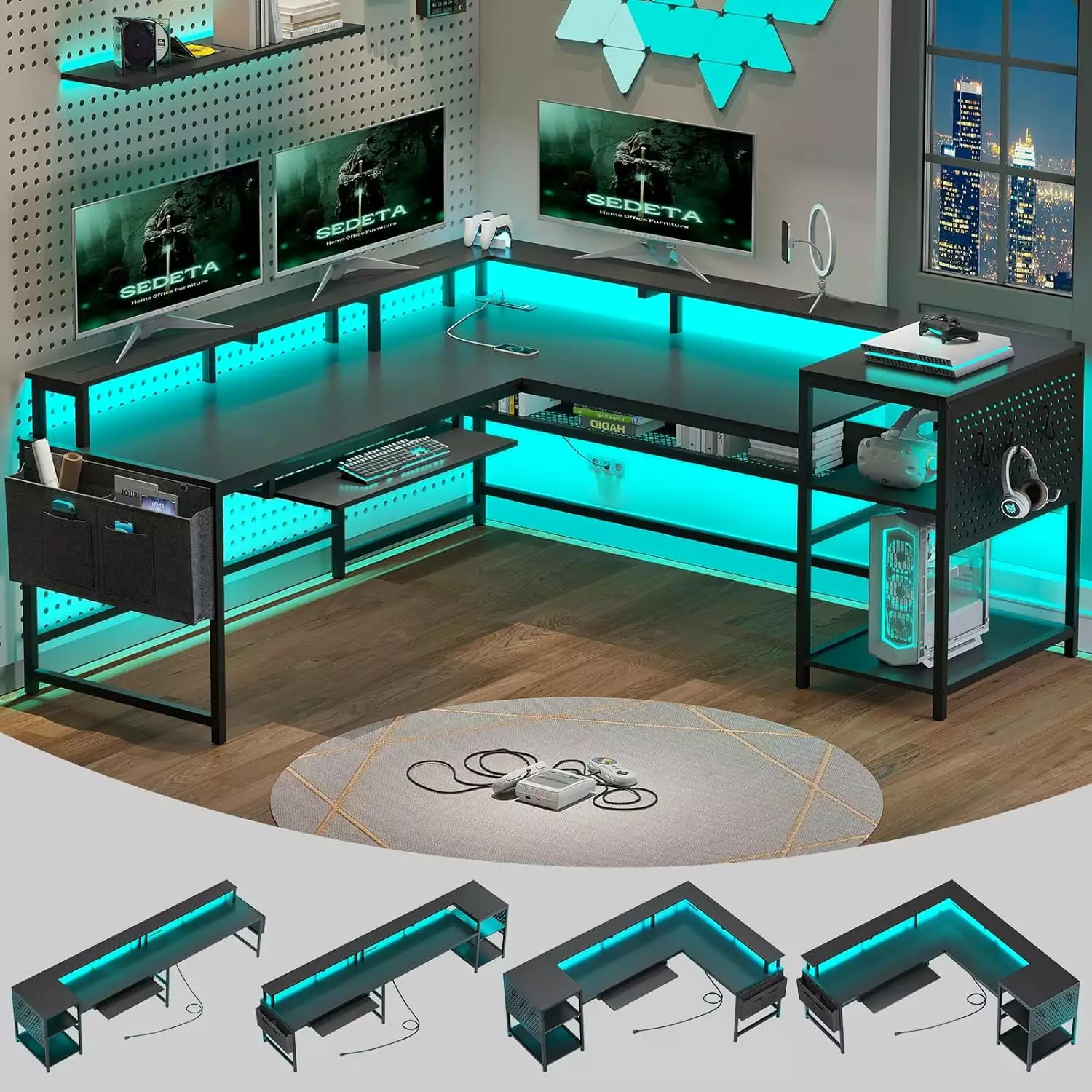 L Shaped Gaming Desk - Reversible Computer Desk Power Outlets, LED Strip, and Storage FJU