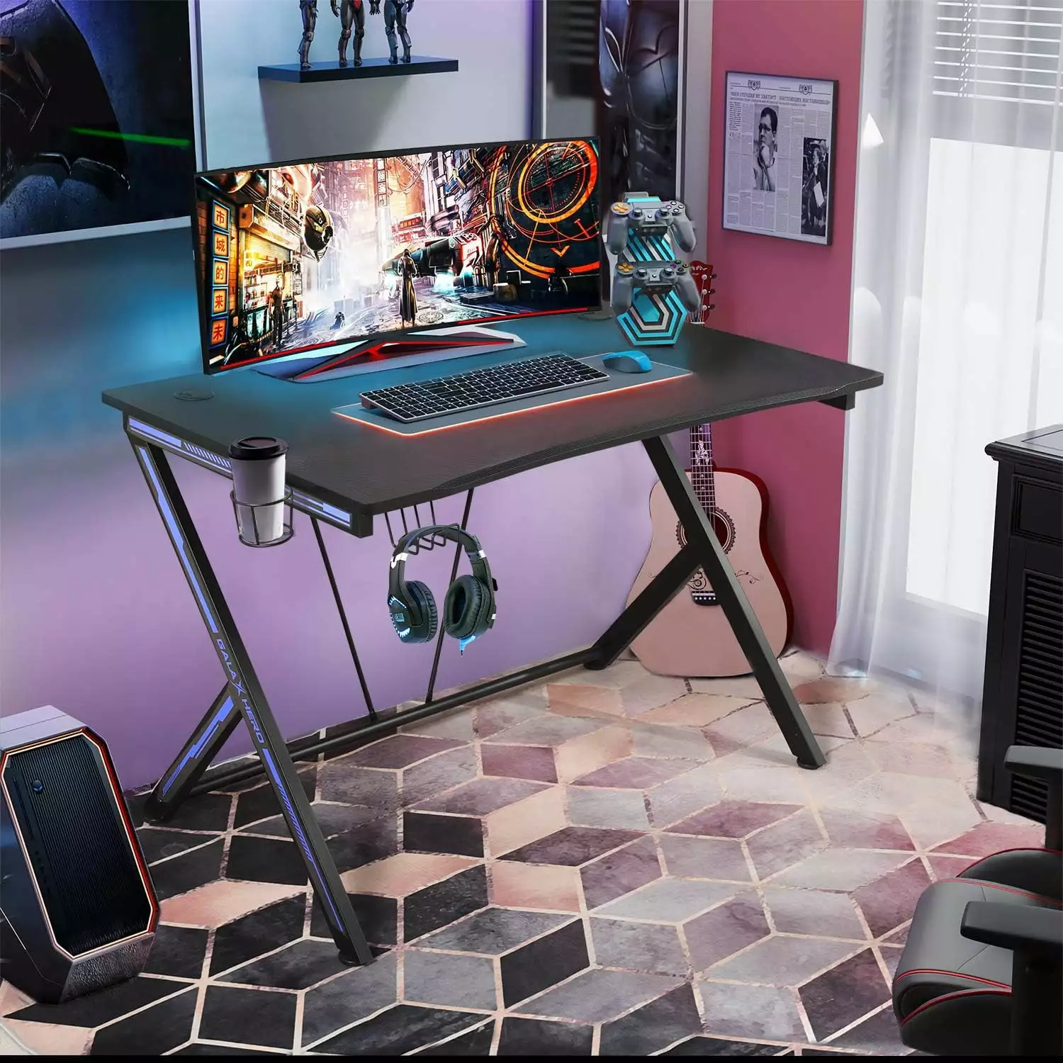 INC 45.3 Inch Gaming Desk Cup Holder and Headphone Hook Black Gamer Workstation FVBSXA