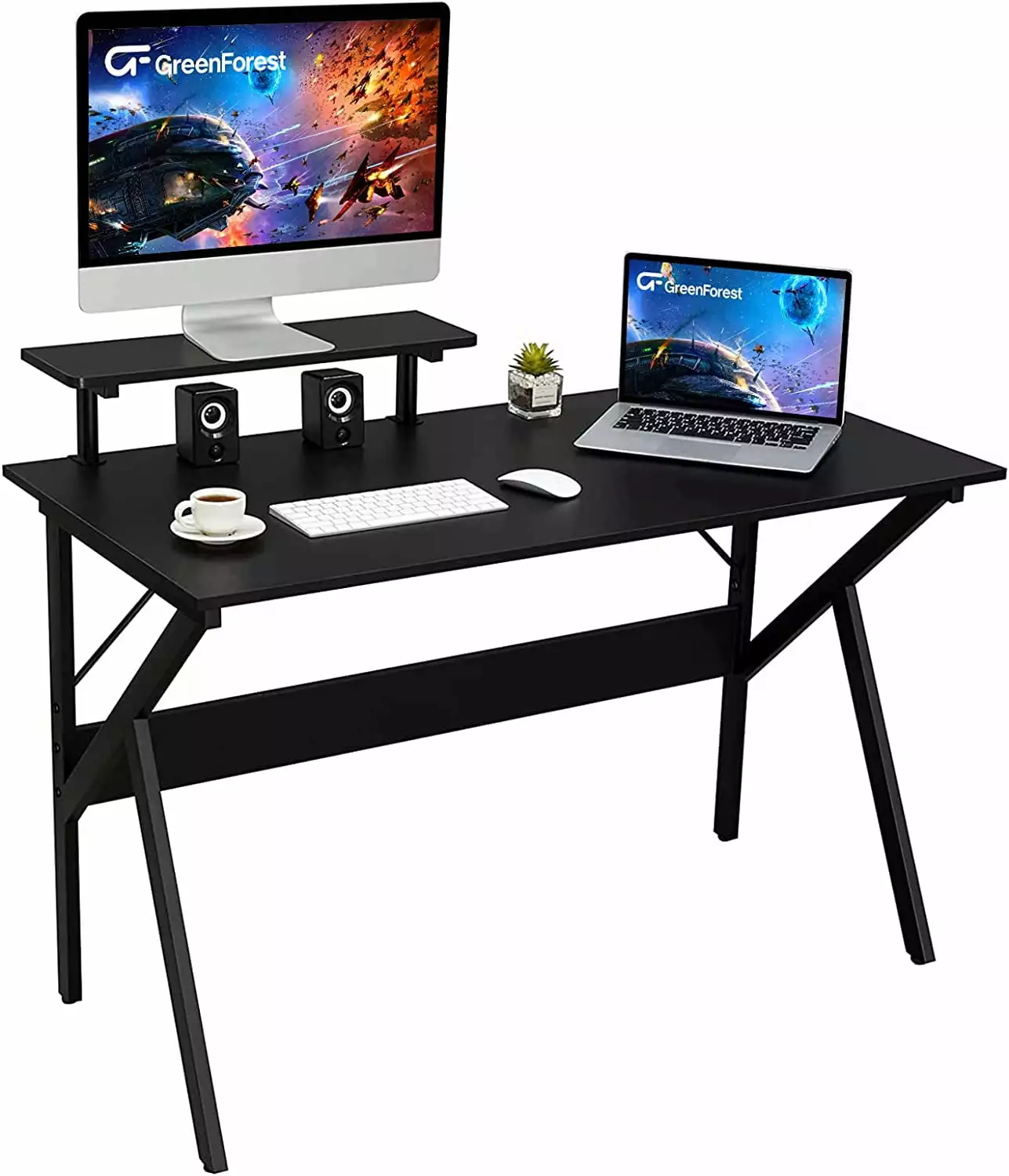 47 Inch Home Office Desk Monitor Shelf Computer Gaming Desk Writing Study Table Workstation Black Green Forest