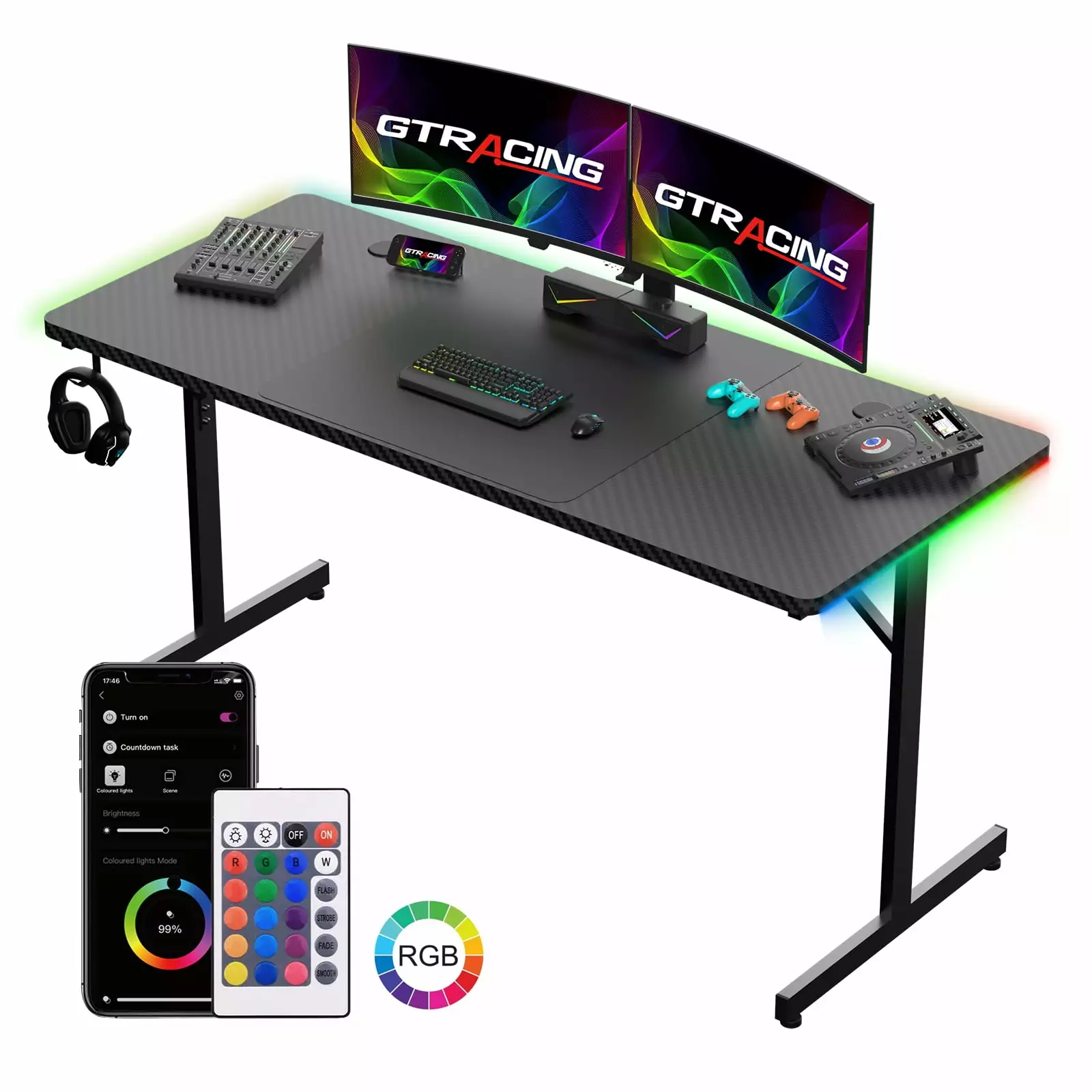 GTRACING 55 Large RGB Gaming Desk Mouse Pad T-Shaped Office Chair Computer Desk Spacious Work Surface Table Black