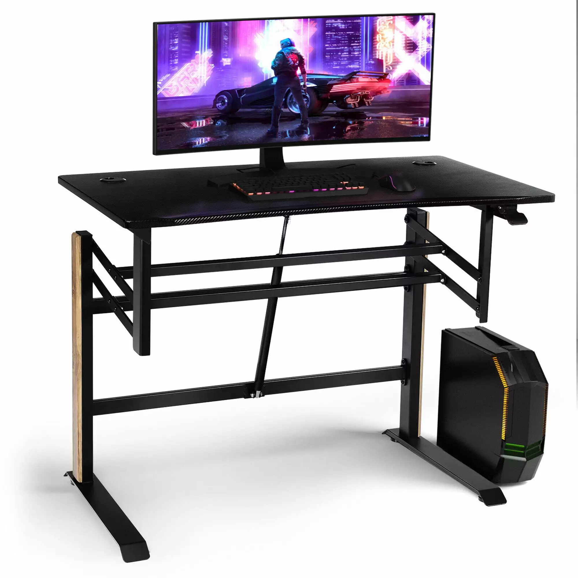 Gymax Pneumatic Height Adjustable Gaming Desk Power Strip Tray T-Shaped Game Station