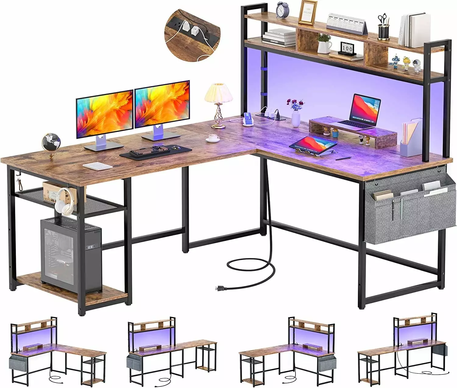 Homieasy L Shaped Desk Power Outlet USB Ports and LED Strip Gaming Home Office