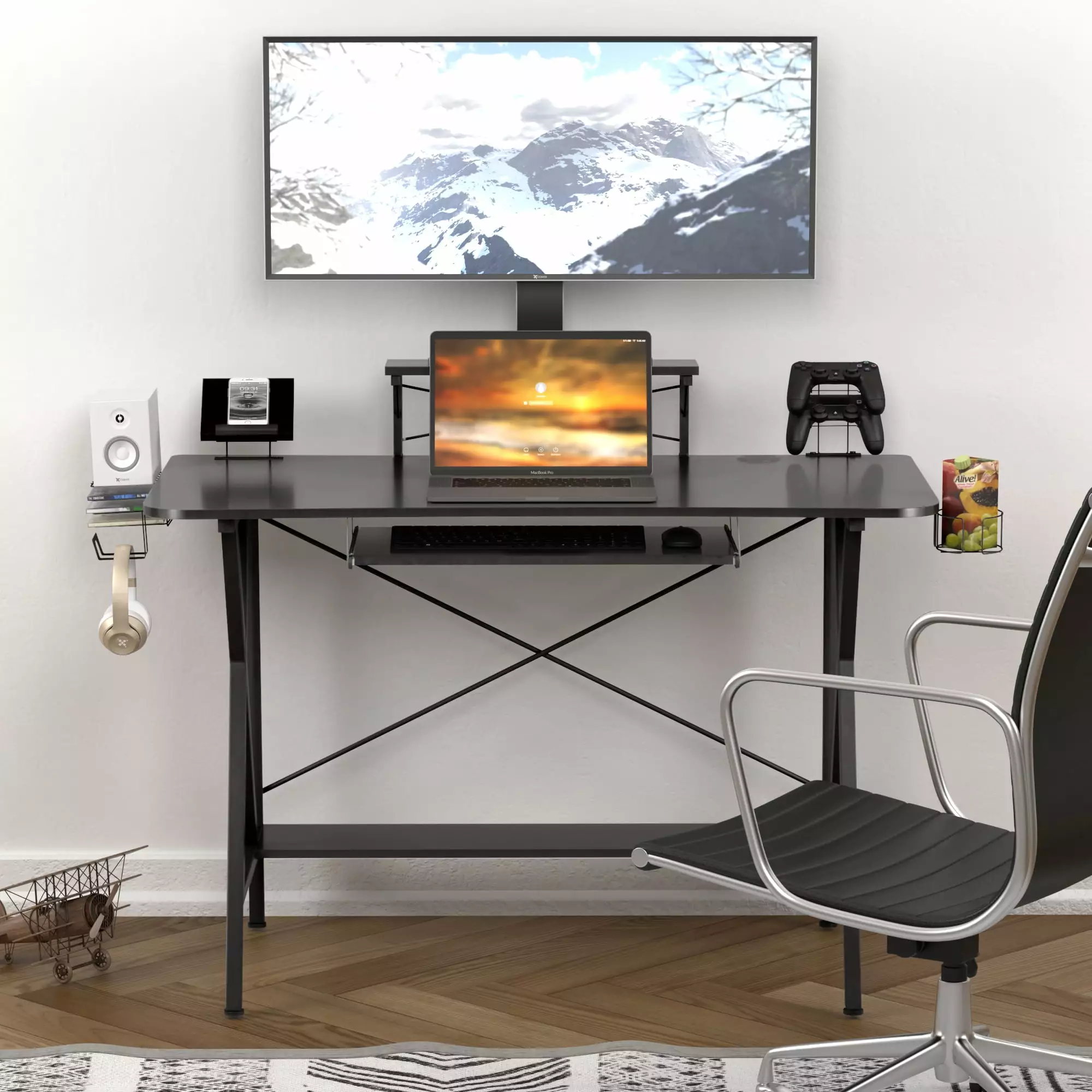 47 Inch Gaming Desk Table E-Sports Computer Desk Power Strip USB Cup Holder Headphone Hook Black ibsun