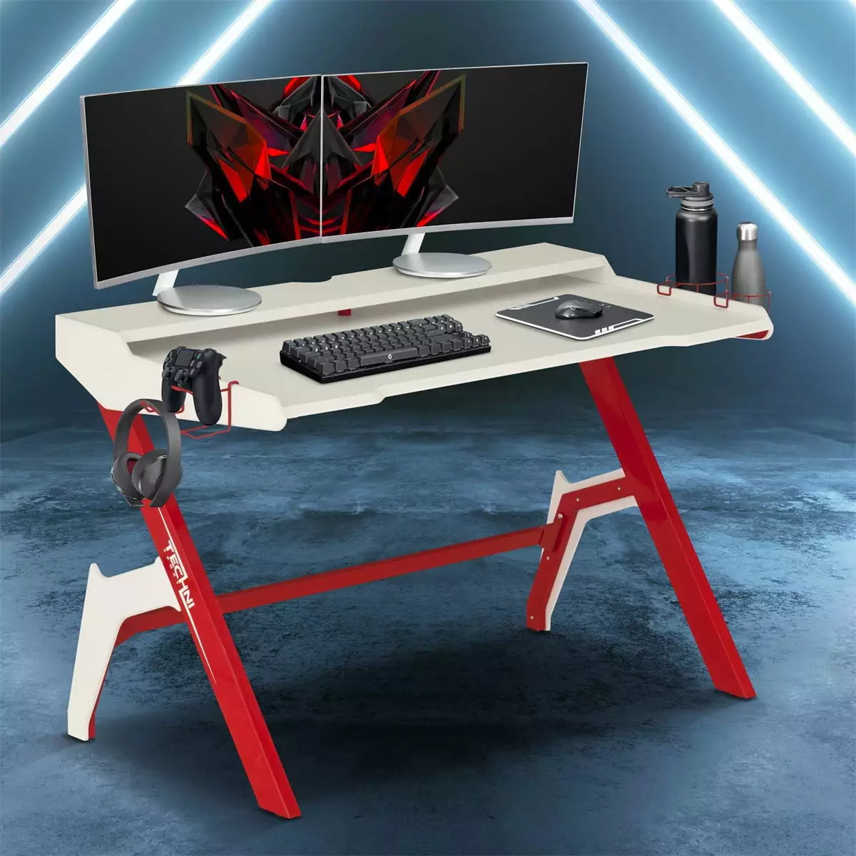 Ergonomic Computer Gaming Desk Workstation Cupholder and Headphone Hook Red INCLAKE