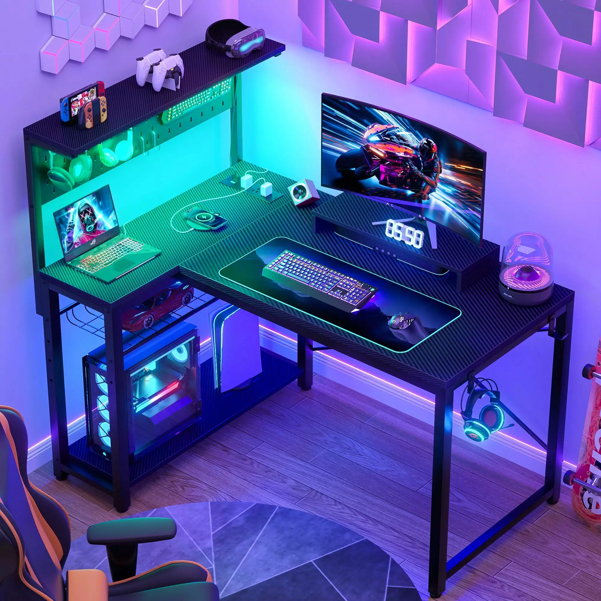 iSunirm Gaming Desk LED Lights Shelves 43 Inch Small L Shaped Computer Desk Power Outlets Carbon Fiber Black