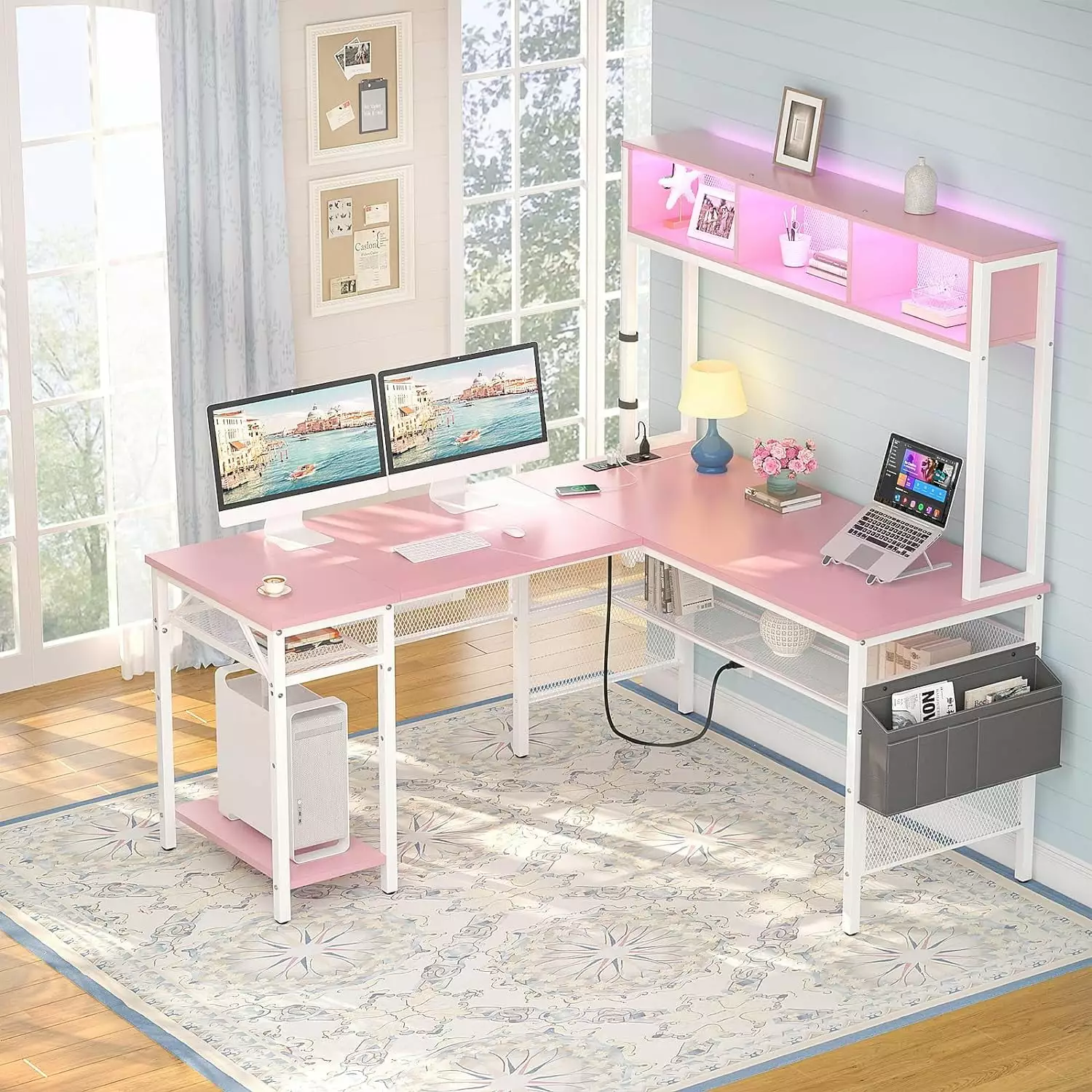iSunirm L Shaped Computer Desk - Pink LED Strip and Power Outlets Home Office