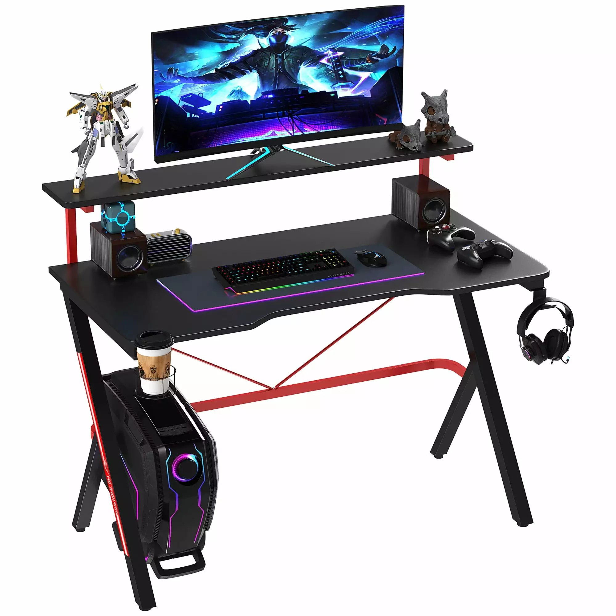 47 Inch Gaming Desk Elevated Monitor Shelf Rotatable Cup Holder and Headphone Hook Black Jamini