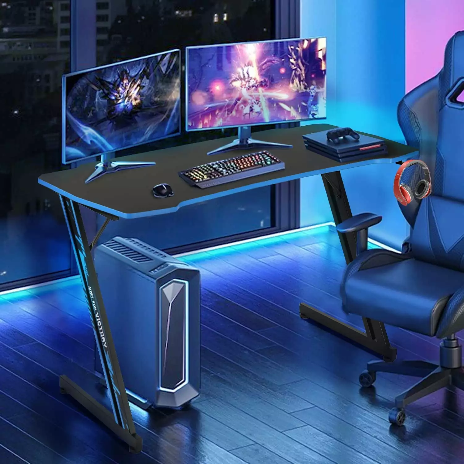 47 Inch Z Shaped Gaming Desk PC Computer Table Ergonomic Gamer Workstation Headphone Hook Blue Home Office Desk JINMAI