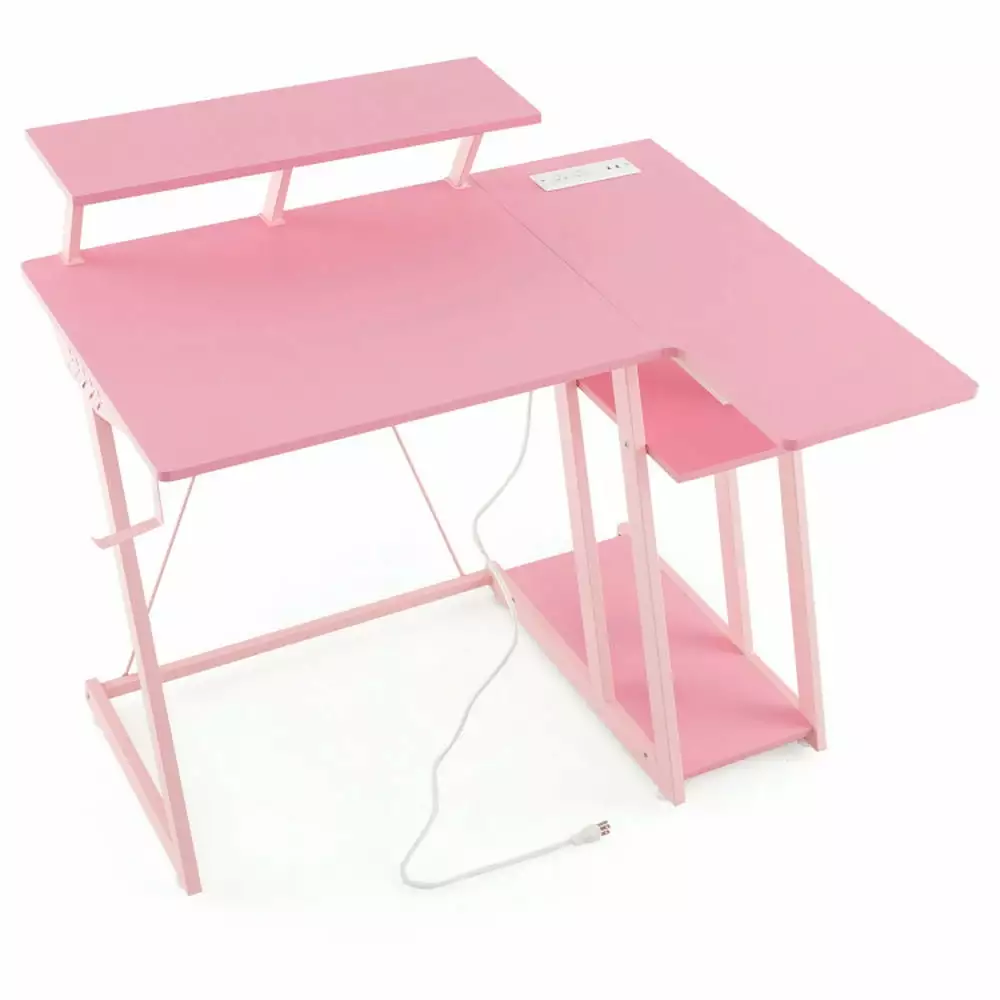 Kadyn L Shaped Gaming Desk Outlets and USB Ports Pink Computer Workstation Writing Study Desk