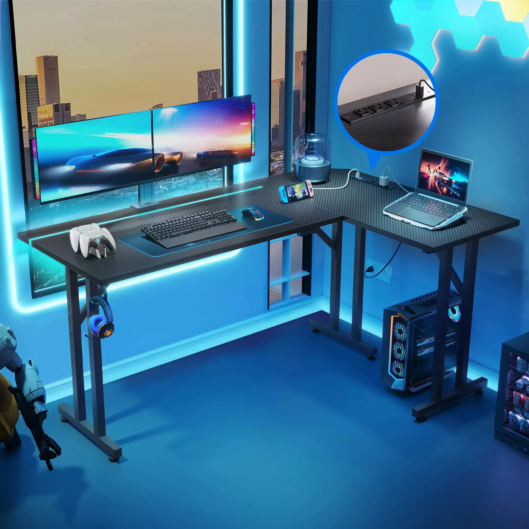 51 inch Gaming Desk LED Lights Power Outlet Gaming Table Carbon Fiber Texture Kids Desk Gift Boys Men Home Office Desk Hea...