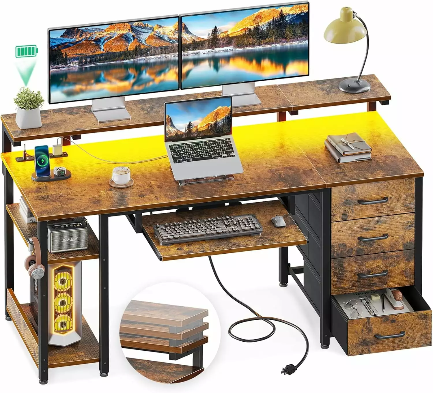 55 inch Office Desk Power Outlet Adjustable Monitor Stand Fabric Drawer Keyboard Tray Gaming Desk LED Light PC Stand Table...