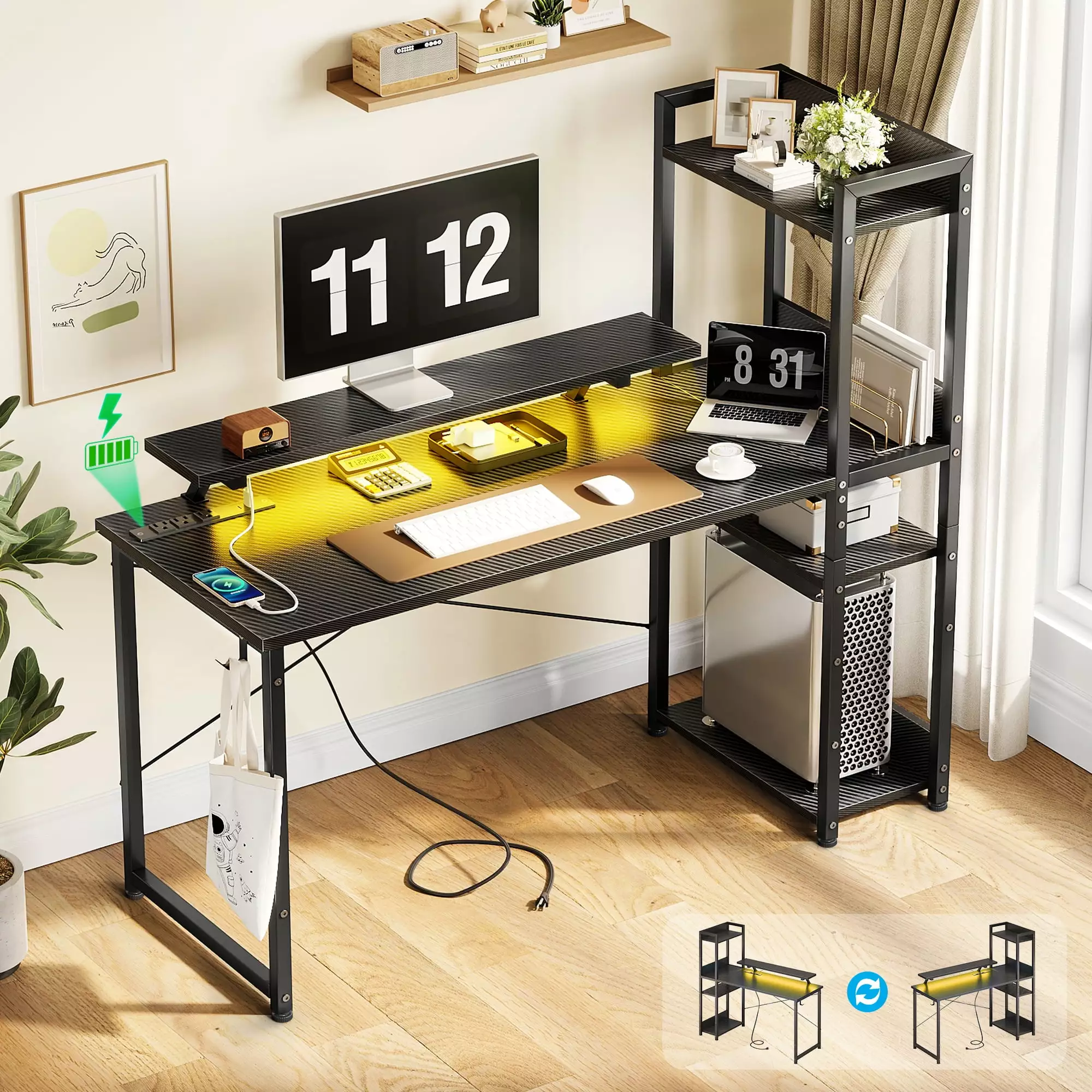 40 Inch Reversible Gaming Desk Power Outlets LED Lights Computer Desk Storage Shelves Monitor Stand Black KKL