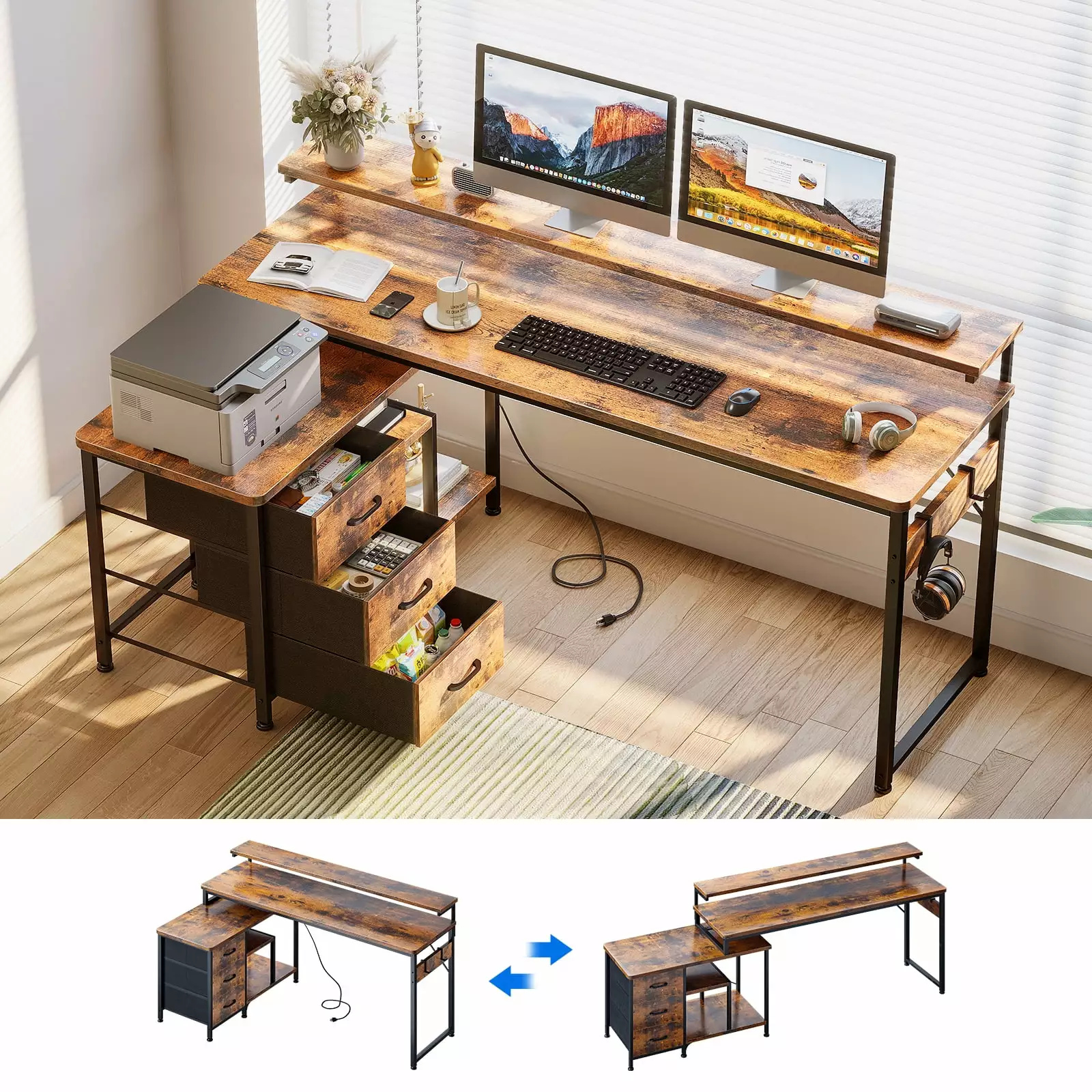 55 Inch L Shaped Computer Desk Drawers Power Outlets and Monitor Stand KKL
