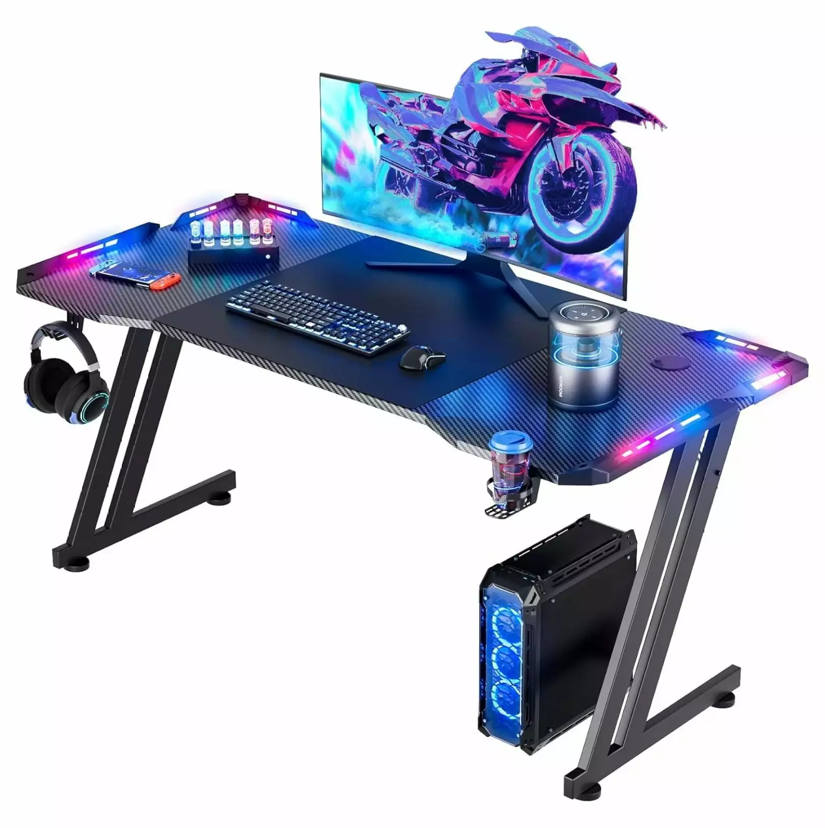 KriKac 47 Inch Gaming Desk LED Lights Carbon Fibre Surface Ergonomic Home Office Desk Black