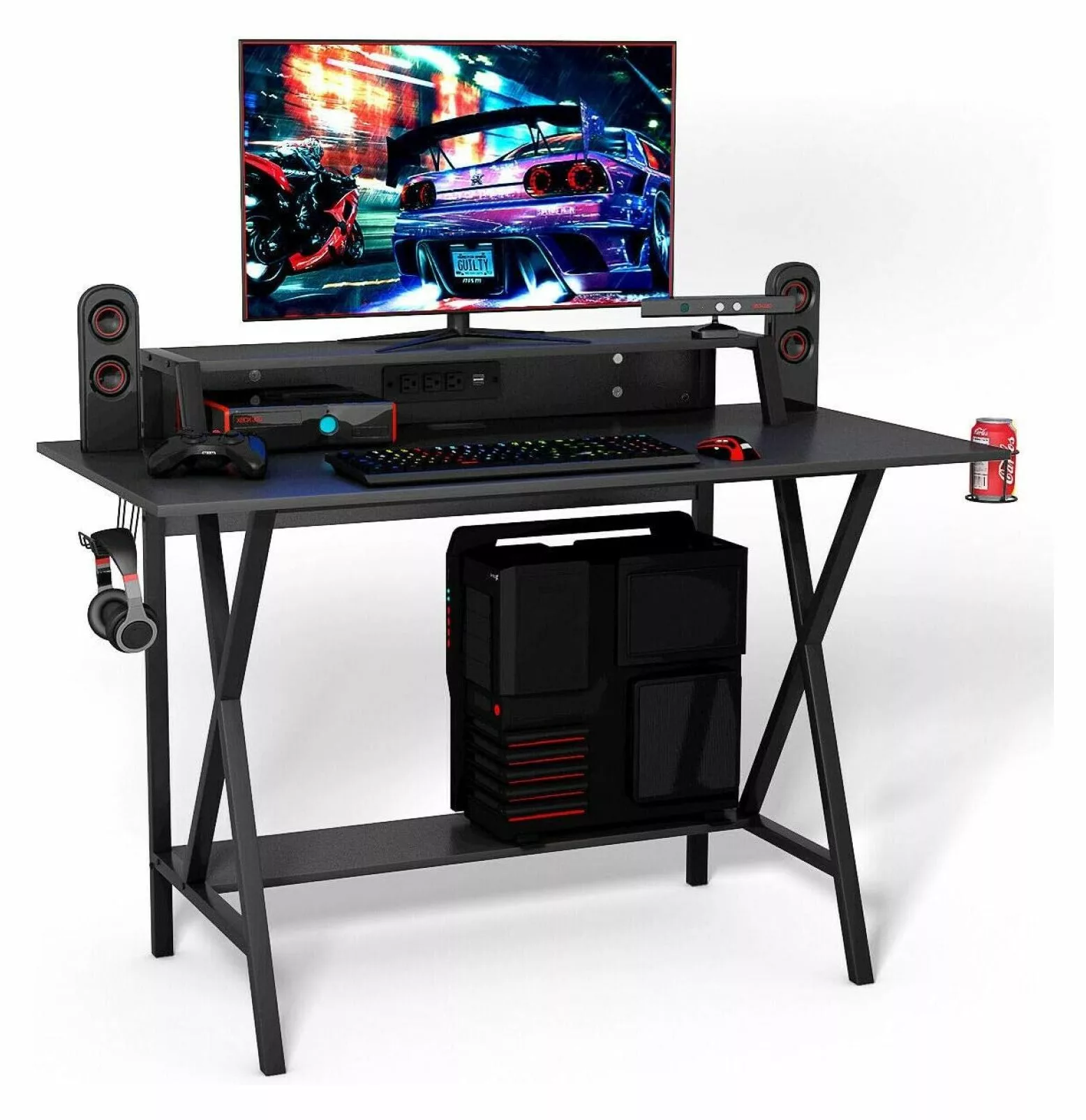 Gaming Computer Desk Large Black Computer Gaming Workstation Cup Headphone Holder Study Writing Desk LcXctD
