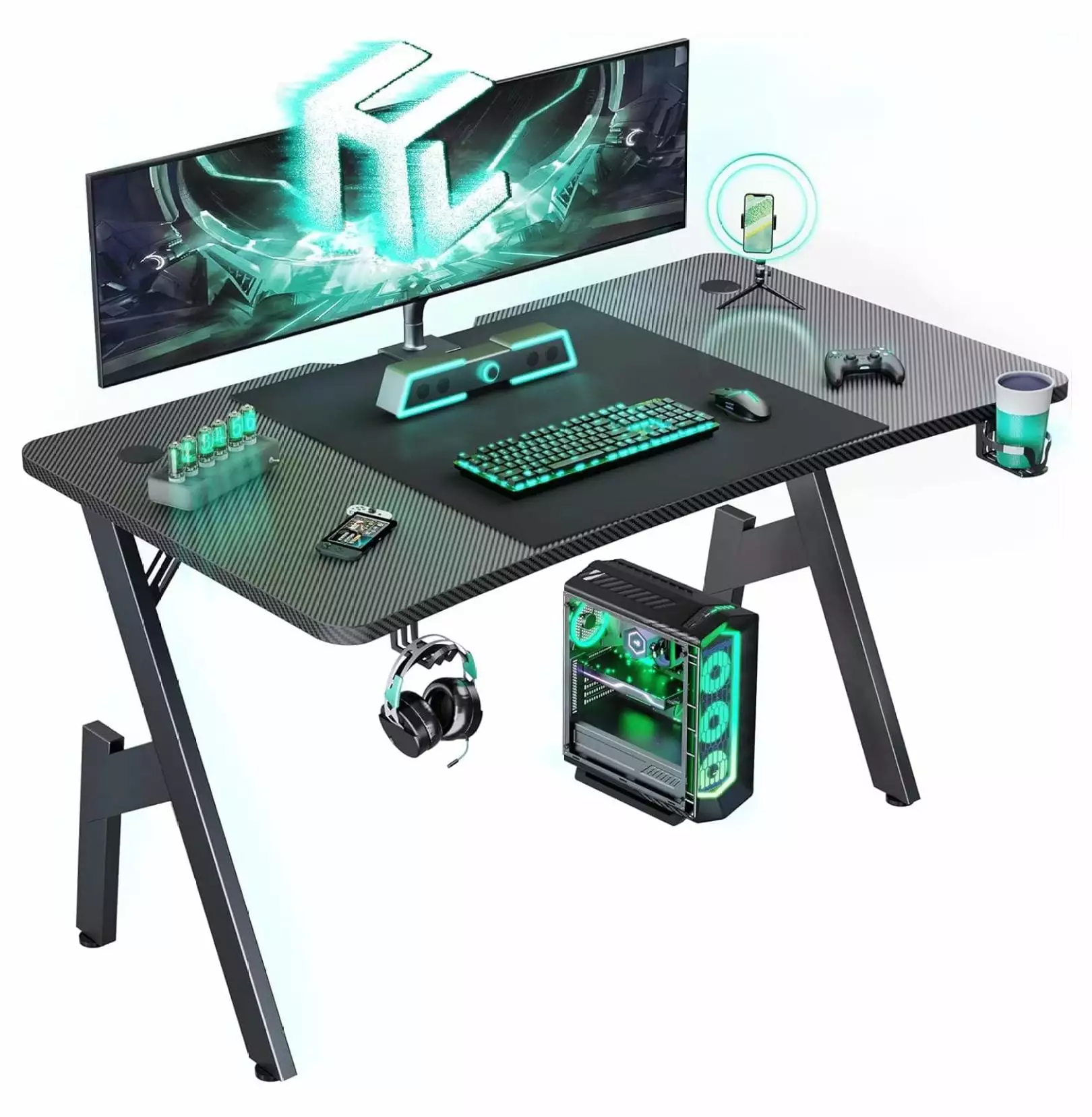 55 Inch Large Gaming Desk Carbon Fiber Surface Headphone Hook Cup Holder Ergonomic PC Workstation LfucQd