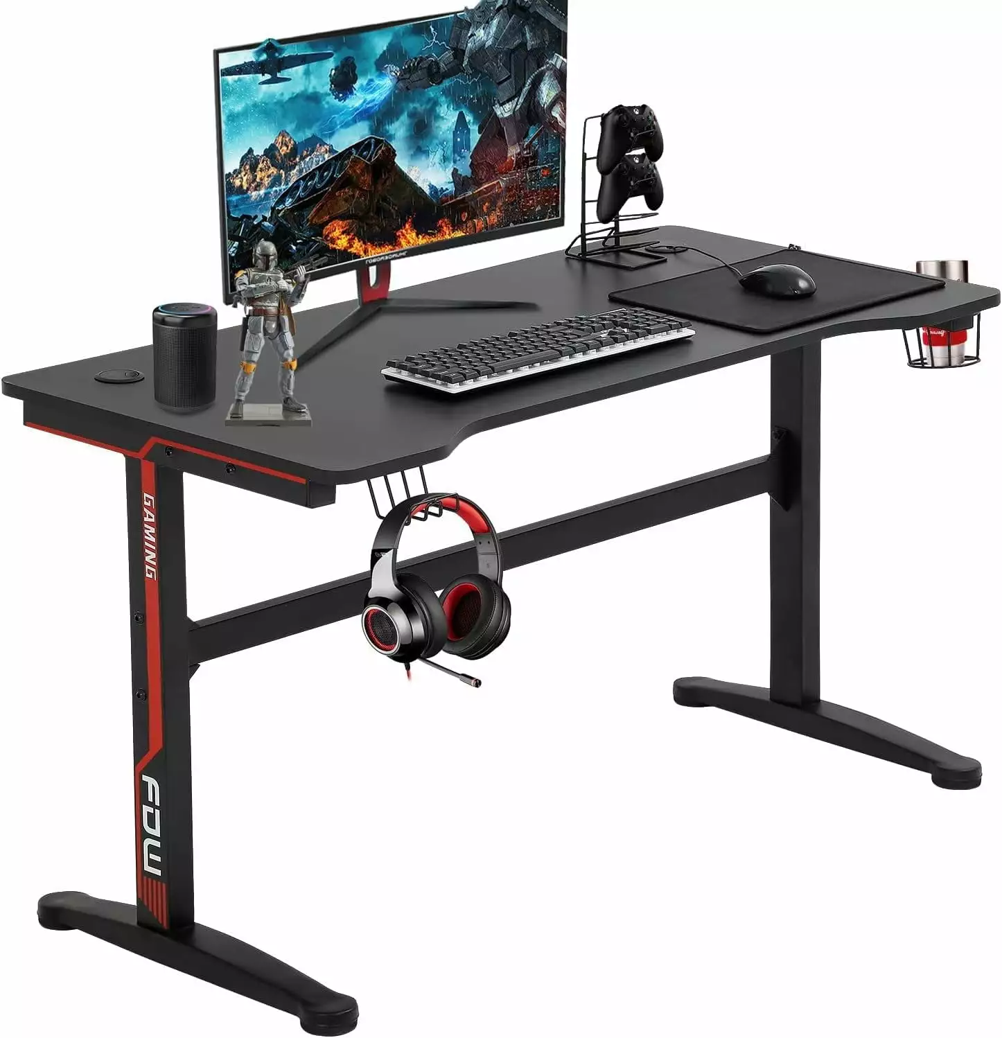 47 Inch Gaming Computer Desk Hook and Cup Holder Black Home Office Desk Study Work Games Easy to Install LIMAI