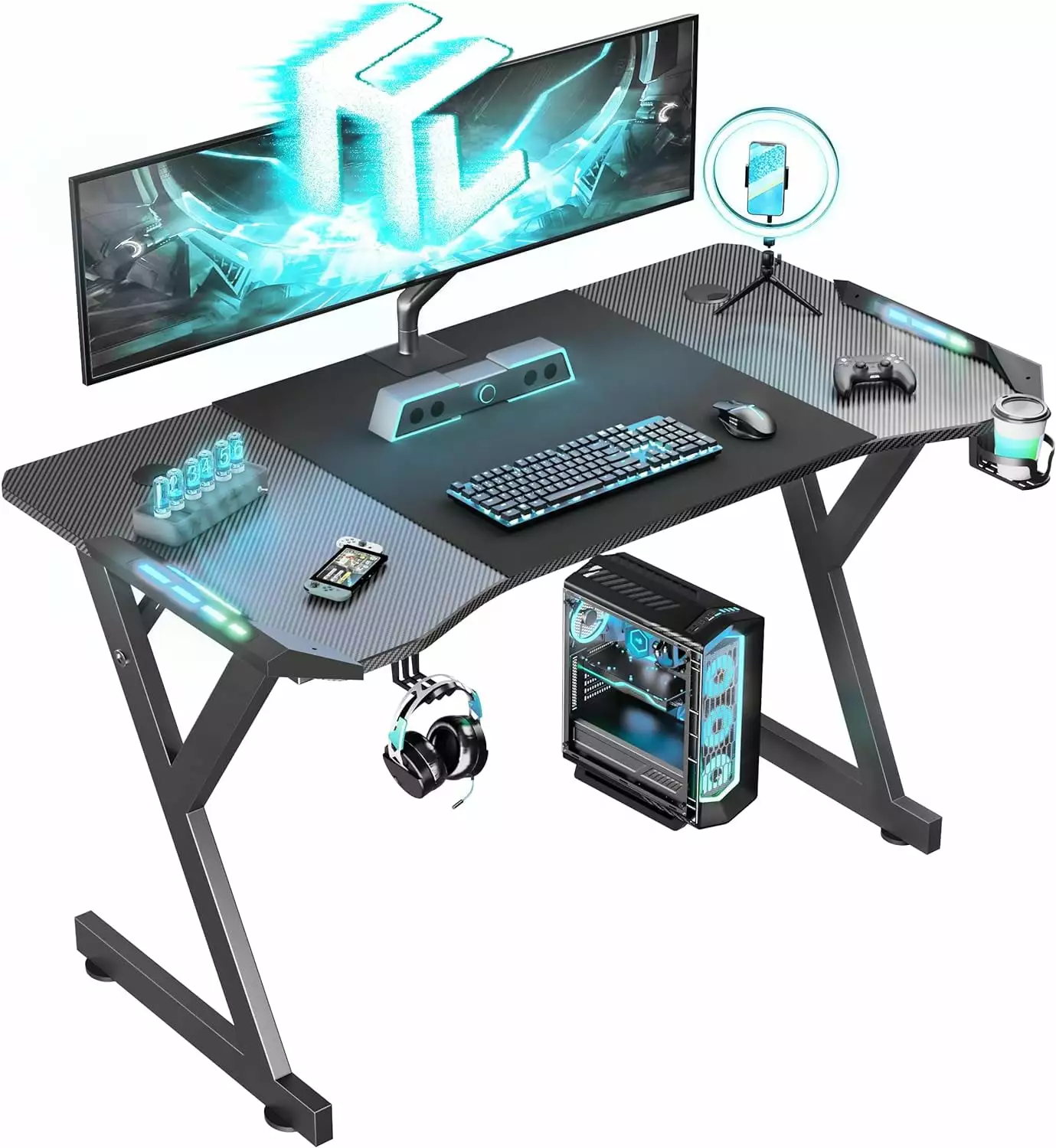 47 Inch Gaming Desk LED Lights Ergonomic Computer Table Carbon Fibre Surface PC Workstation Desk Headphone Hook Cup Holder...