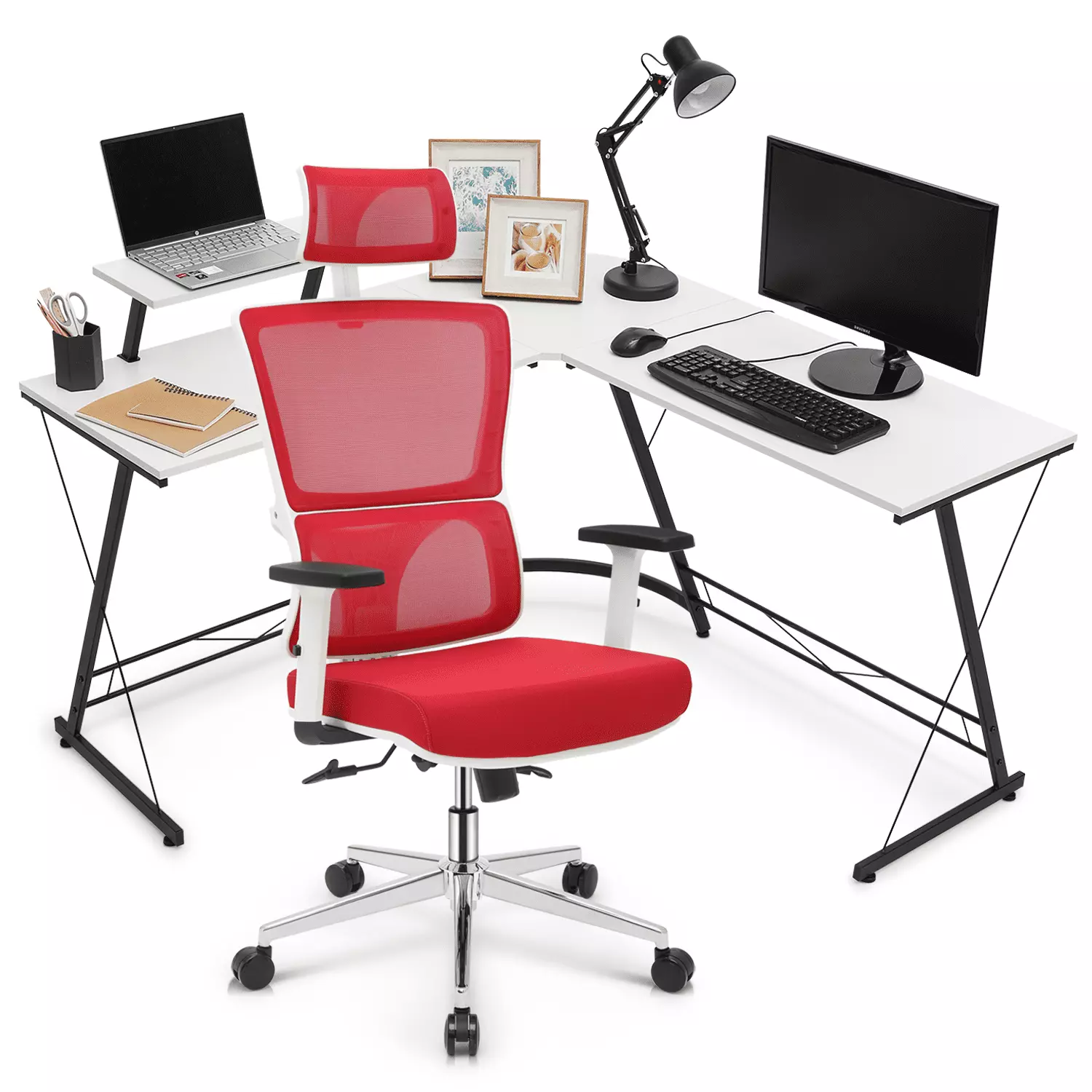 MoNiBloom Computer Desk & Chair Set Swivel Task Chair and L Shaped Gaming Desk Workstation Monitor Stand Red