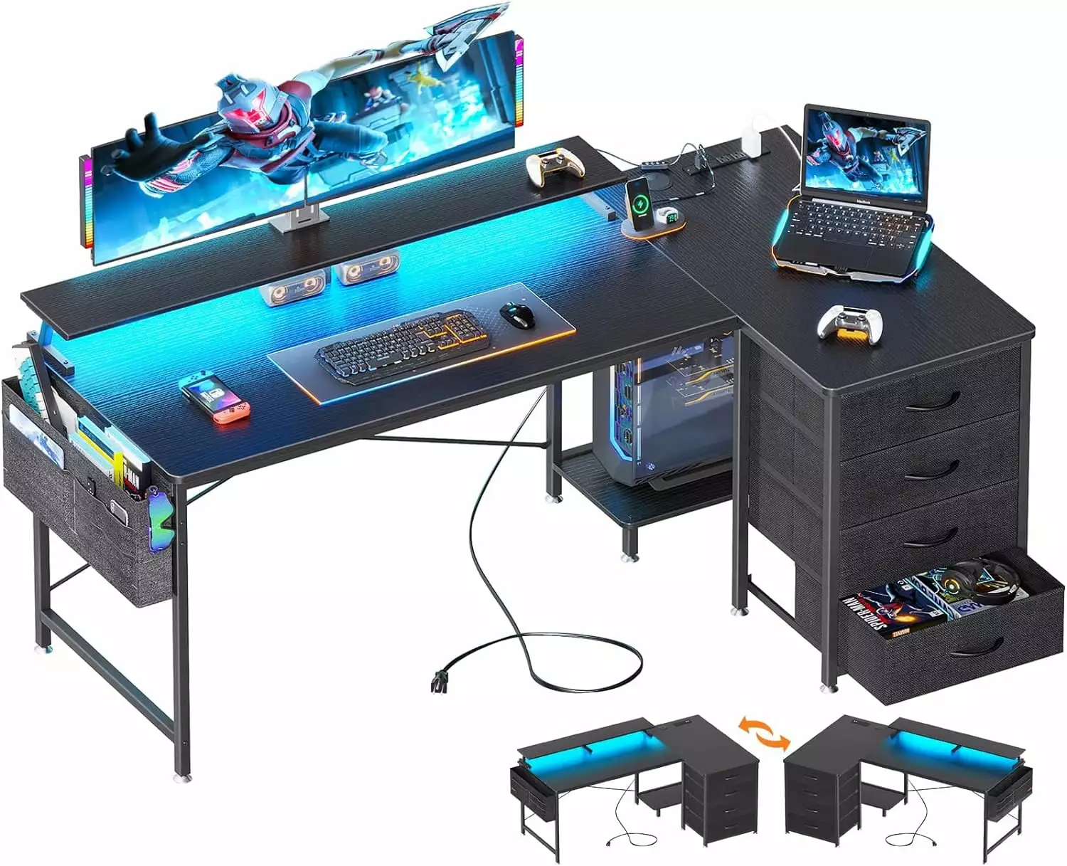 ODK 63 Inch Gaming Desk LED Lights USB Power Outlets Reversible L Shaped Computer Desk 4 Drawers Black ODK Home