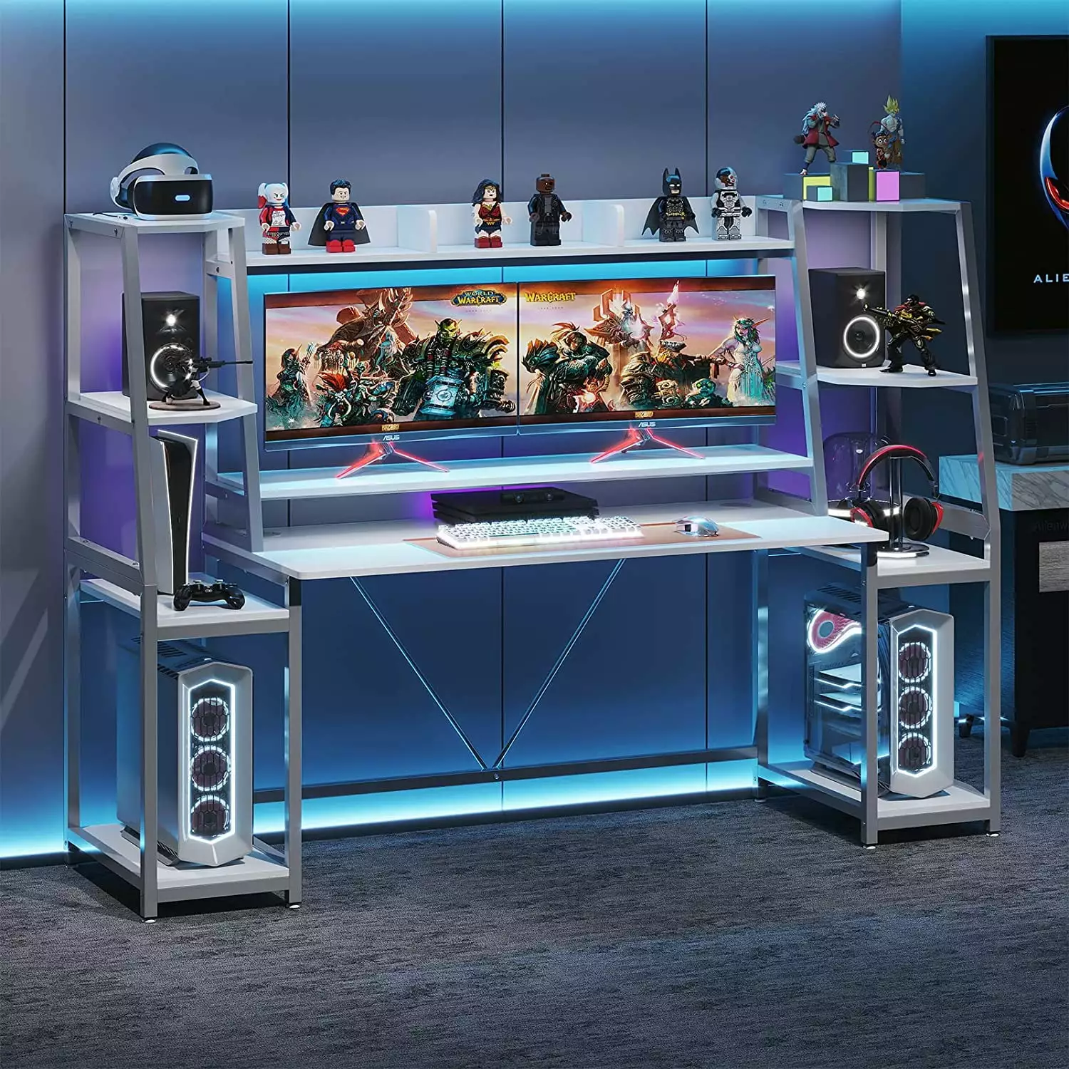 Computer Desk Hutch and LED Lights Gaming Desk Double Storage Shelves OTMCOOUCH