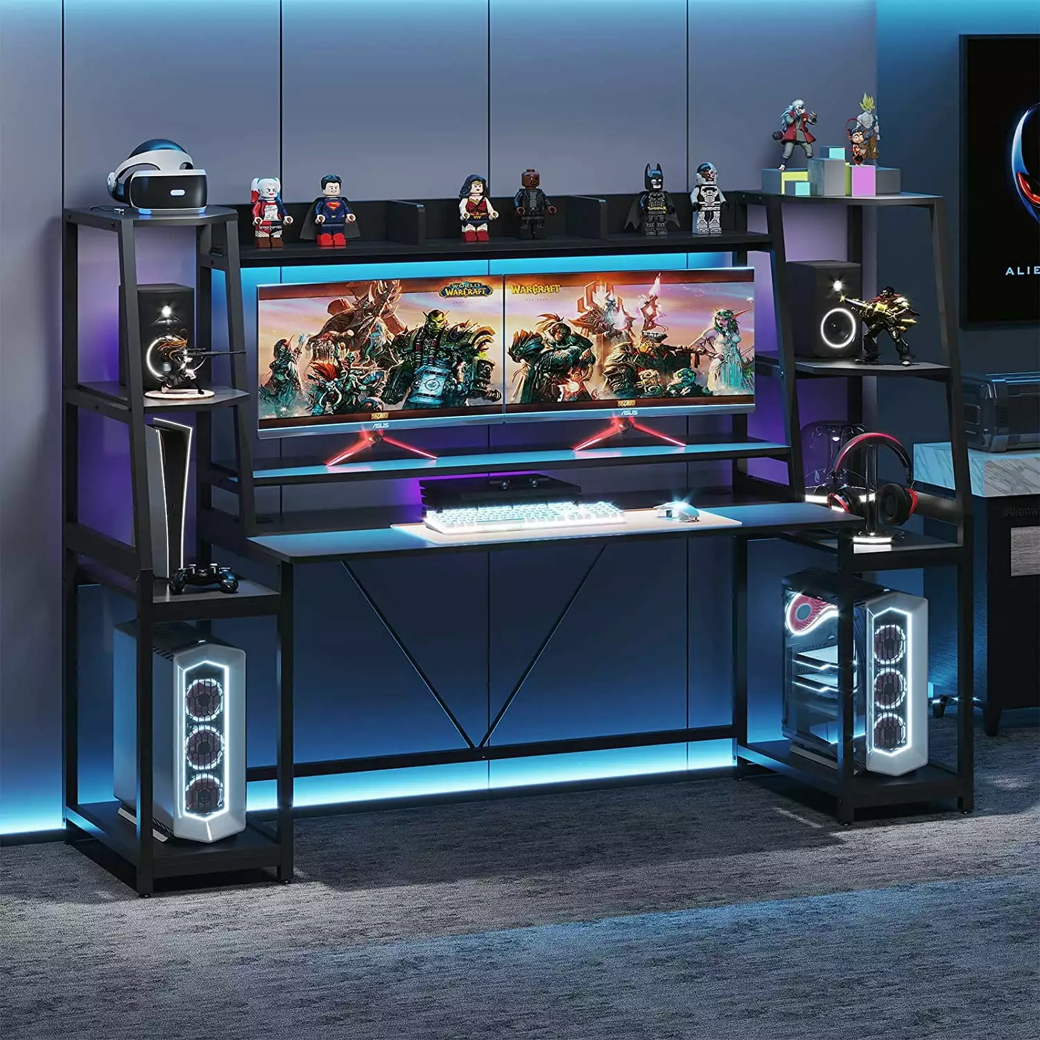 Gaming Desk LED Strips and Hutch Modern Computer Desk Storage Shelves OTMCOOUCH