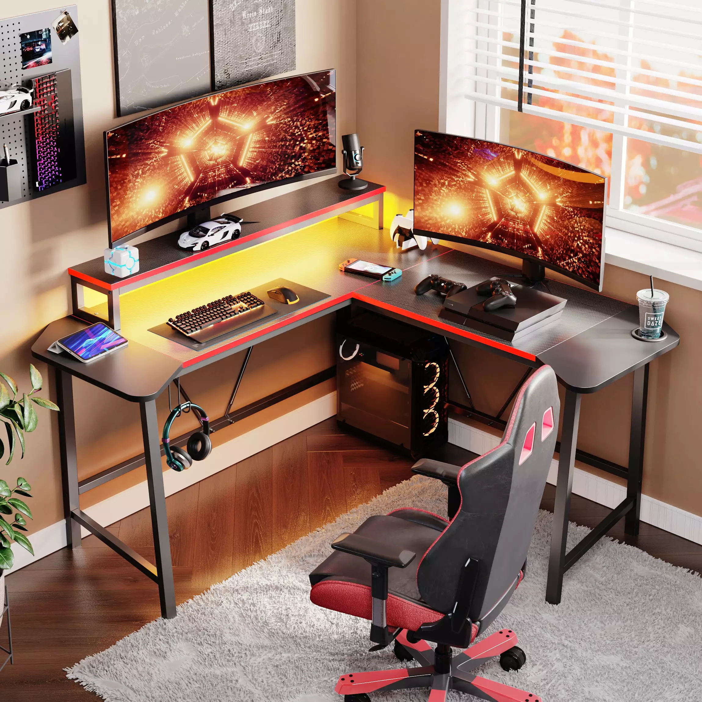 Pinmoco 57 Inch L-Shaped Gaming Desk LED Lights Corner Computer Table Monitor Stand Headphone Hook