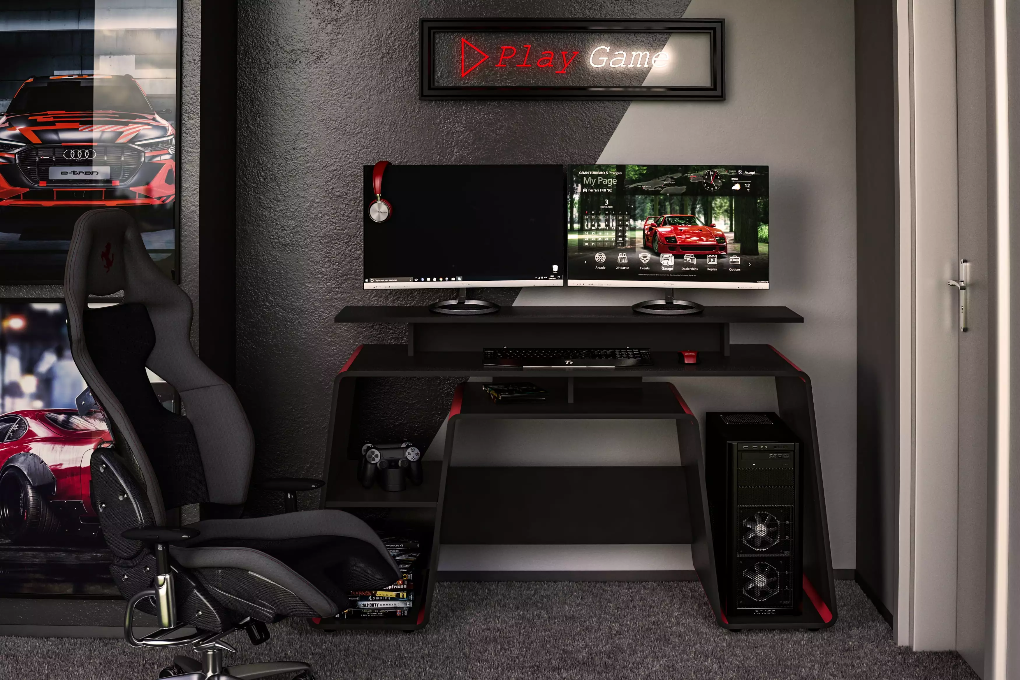 Polifurniture San Diego 57 Inch Computer Gaming Desk Storage Black and Red Finish
