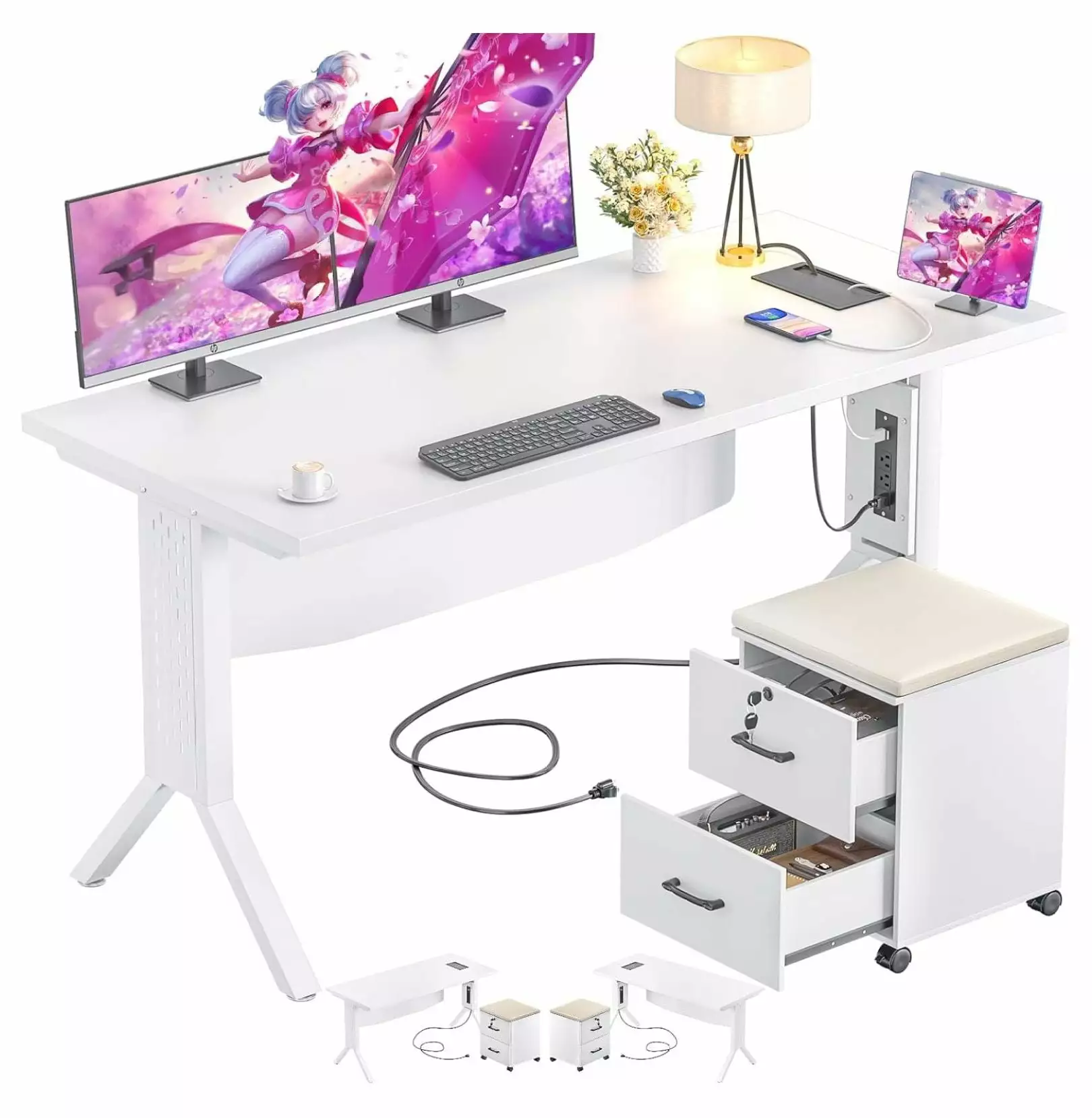 55 Gaming Computer Desk Rolling End Table - Large Home Office Desk File Cabinet and Thick Desktop RinGol