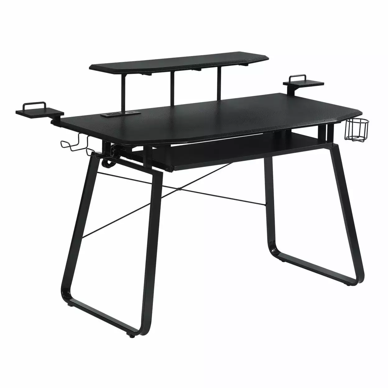 59 Inch Gaming Desk Shelves Tray USB Ports and AC Outlets Gray Metal Saltoro Sherpi