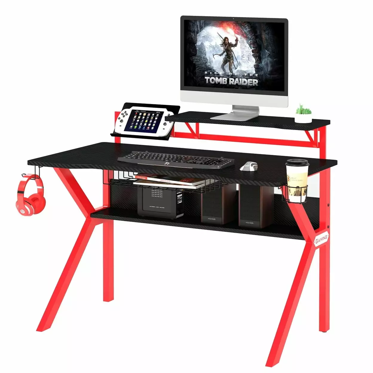 PVC Coated Ergonomic Metal Frame Gaming Desk Black and Red Saltoro Sherpi