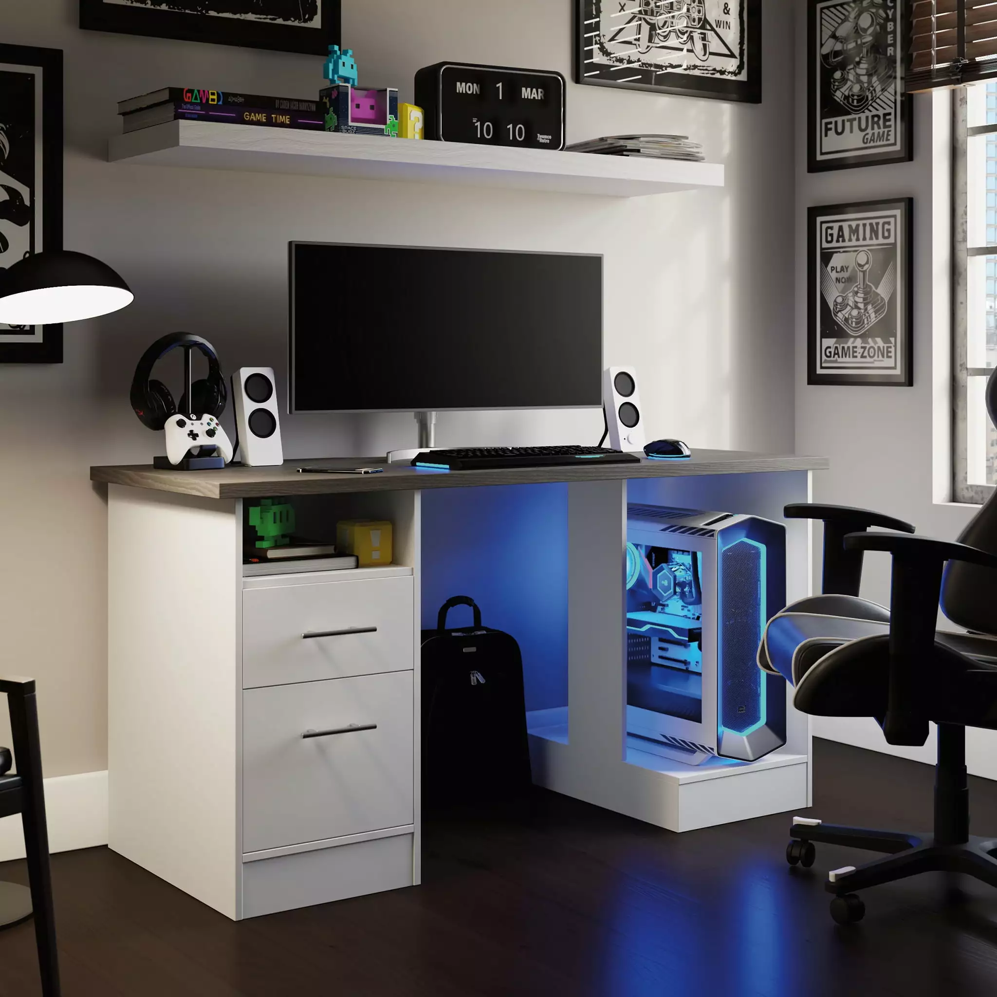 Sauder Gaming Desk - White Finish Charcoal Ash Accent Top Home Office