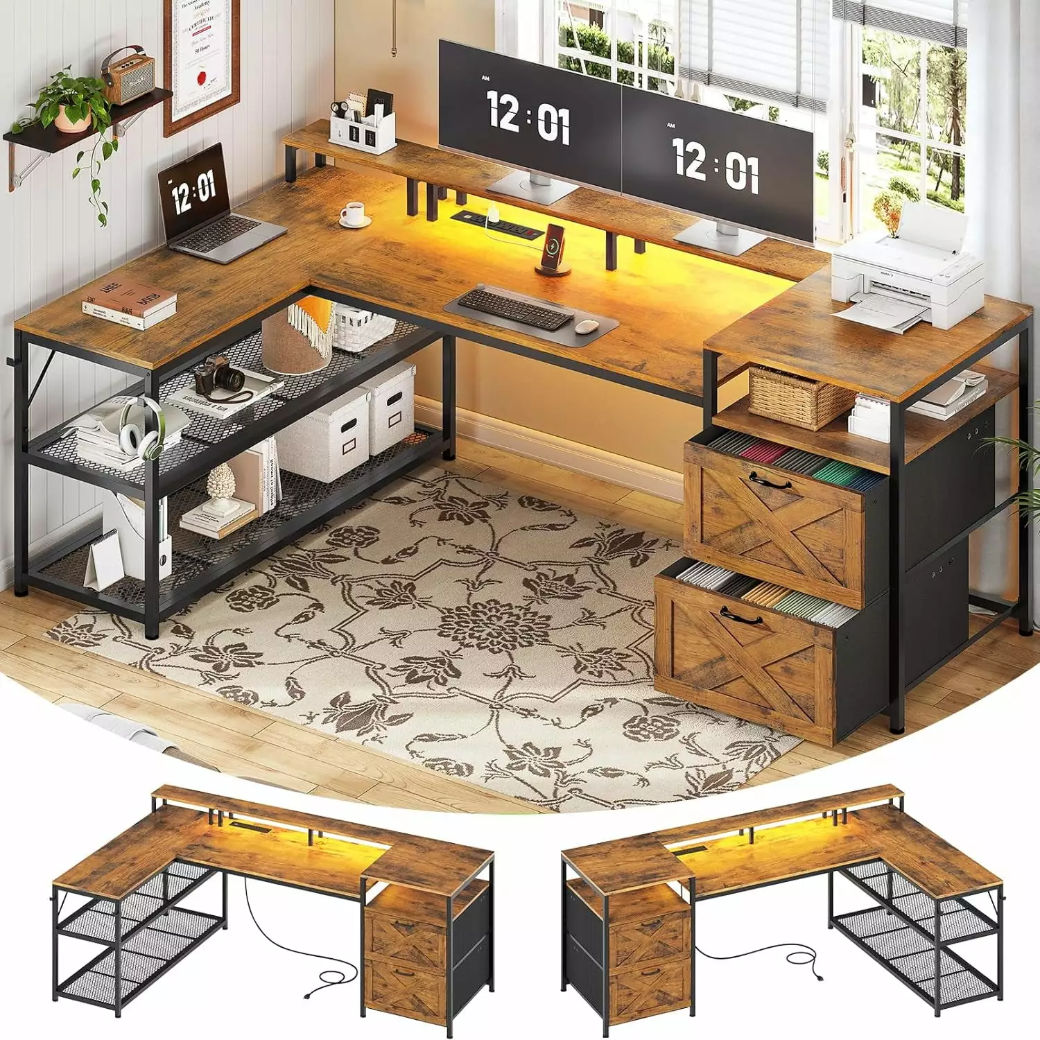 SEDETA 67 L Shaped Desk Drawers - Reversible Gaming Desk LED Lights and Power Outlet Home Office