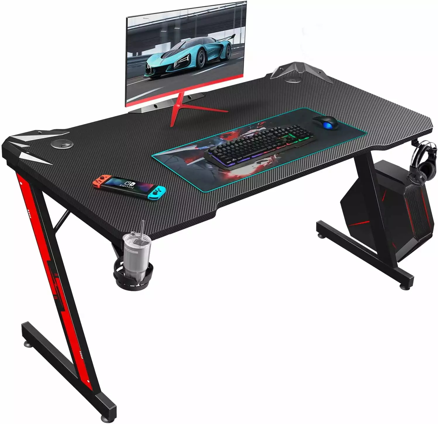 44 Inch Gaming Desk Carbon Fiber Surface Z Shaped PC Gaming Workstation Cup Holder shinyswan