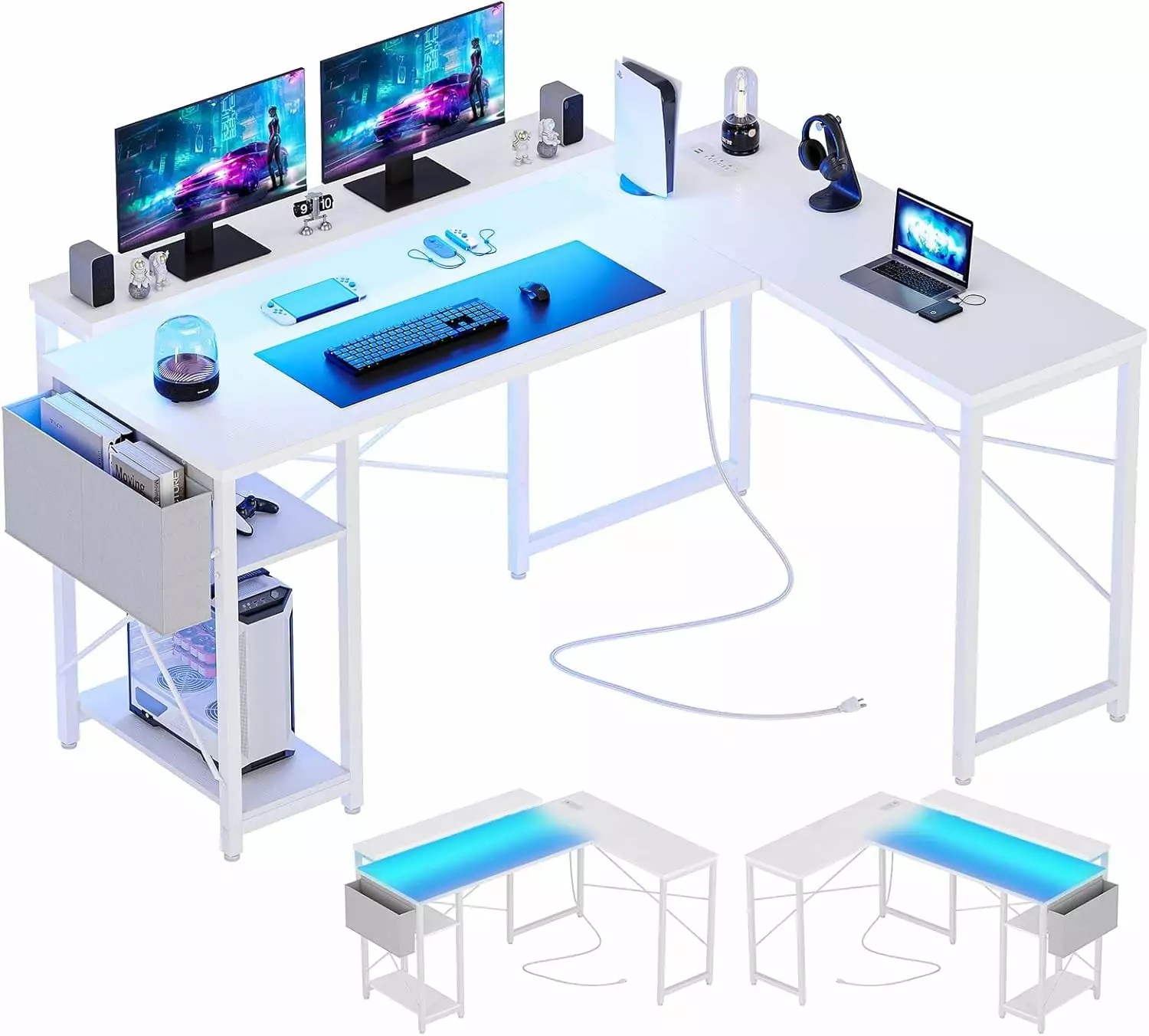 L Shaped Computer Gaming Desk Power Outlet LED Light and USB Charging Port Reversible Corner Desk Storage Bag White shinyswan