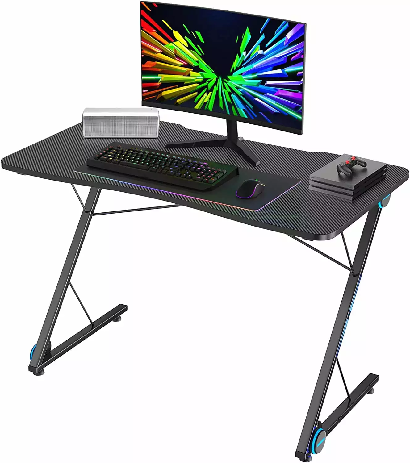 Z-Shaped Gaming Computer Desk LED Lights and Carbon Fiber Surface Ergonomic Gamer Workstation shinyswan