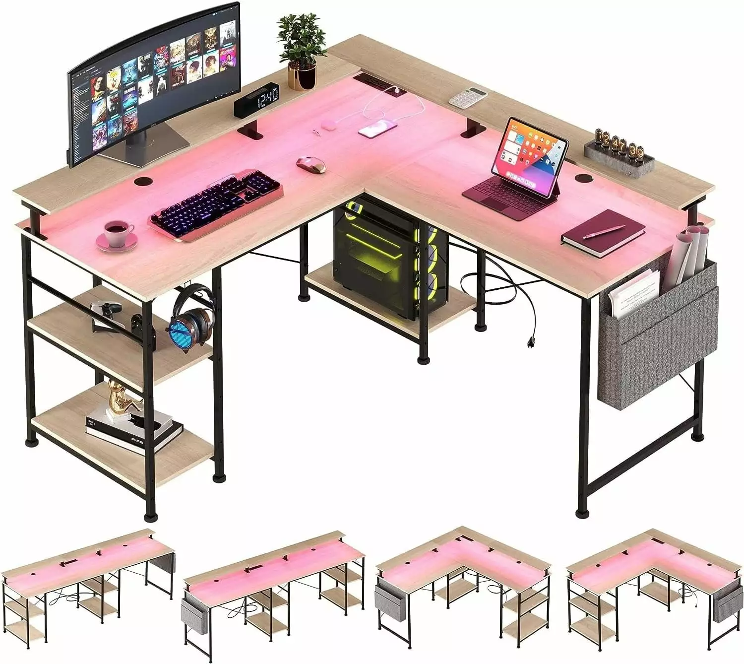 55 Inch L-Shaped Gaming Desk Computer Table RGB LED Strip Power Outlet Monitor Stand Shelves Headset Hook and Storage Bag ...