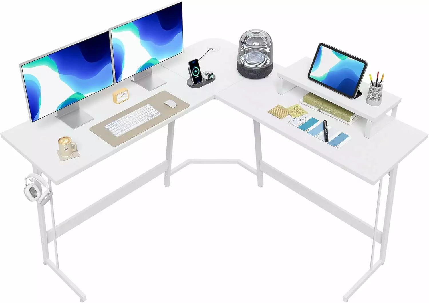 47 Inch L Shaped Gaming Desk Monitor Stand - Sturdy Corner Computer Desk Home Office - White SSH