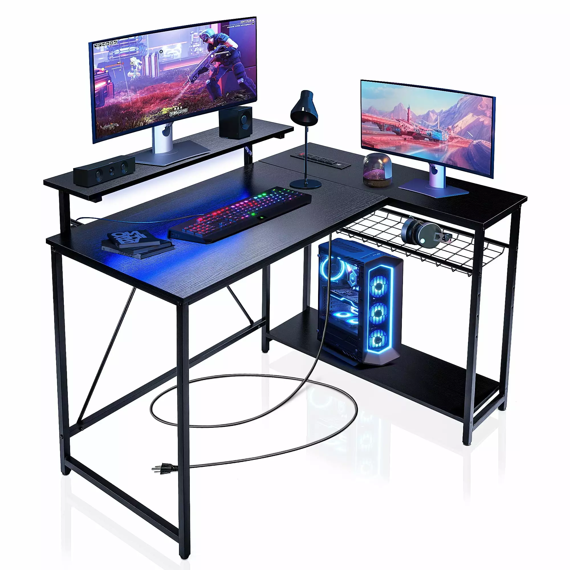 SULIVES L Shaped Gaming Desk 42 Corner Desk LED Outlets Monitor Stand and USB