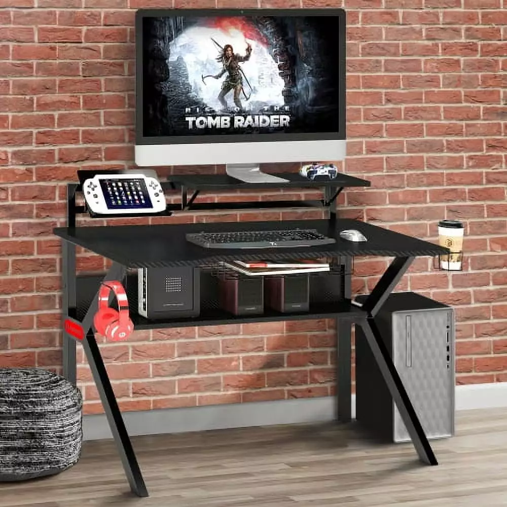 PVC Coated Ergonomic Metal Frame Gaming Desk K Shape Legs Black Super Dope