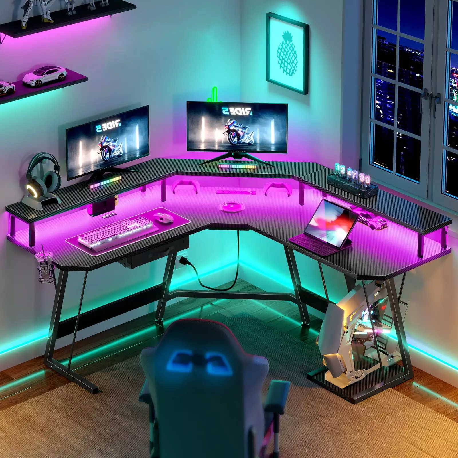 L Shaped Gaming Desk Corner Table Computer Desk RGB Light Power Outlets Taus